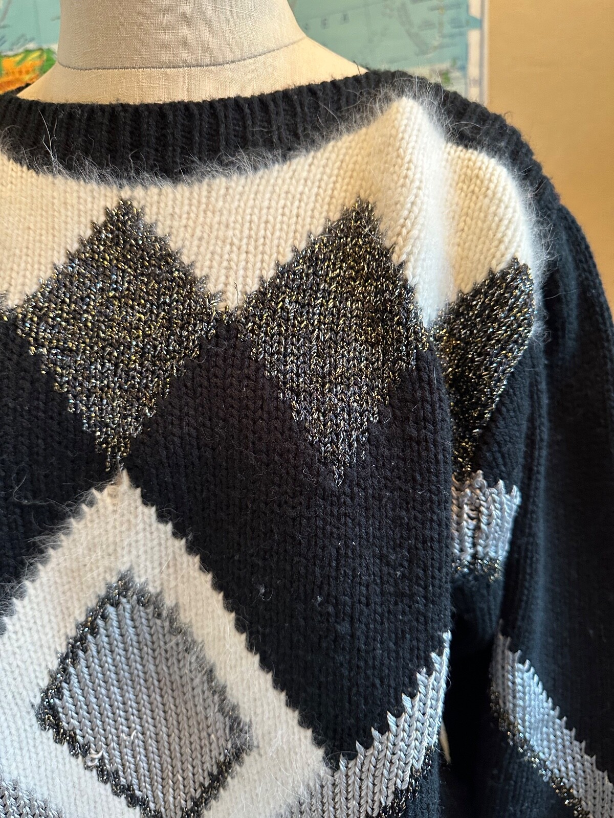 Vintage 80s 90s Maurada Black White Silver Geometric Diamond Holiday Sweater