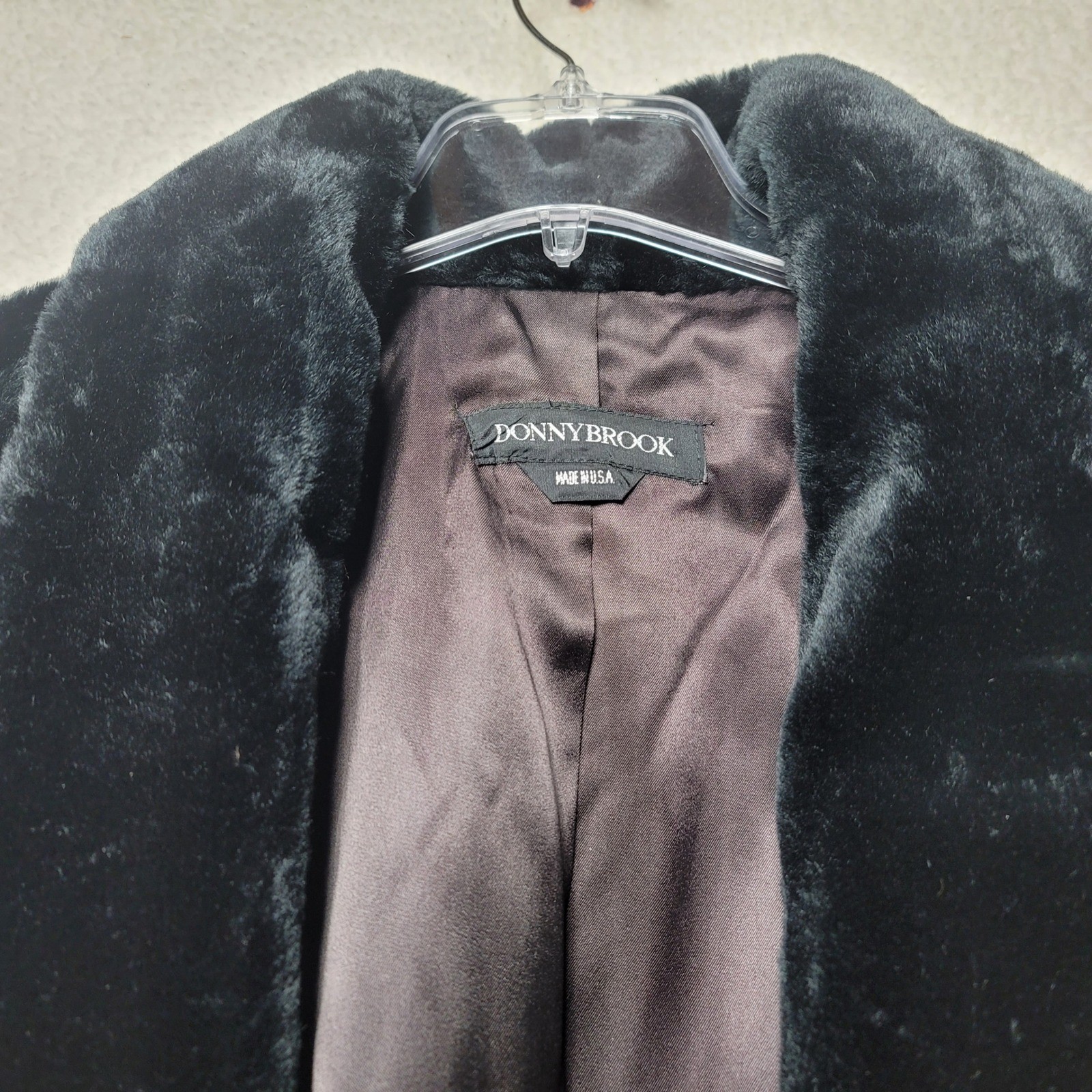 Donnybrook Vintage Faux Fur Coat Black Shawl Collar ILGWU Union Made USA Large