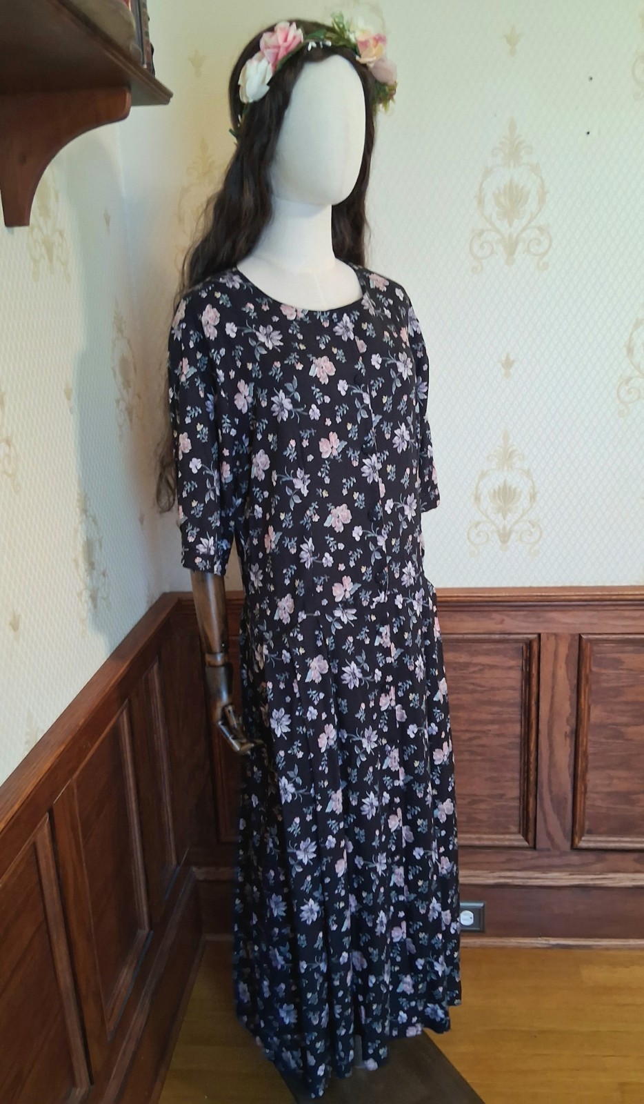 Vintage 1990s Putamayo Dark Floral Drop-Waist Boho Whimsigoth Prairie Maxi Dress
