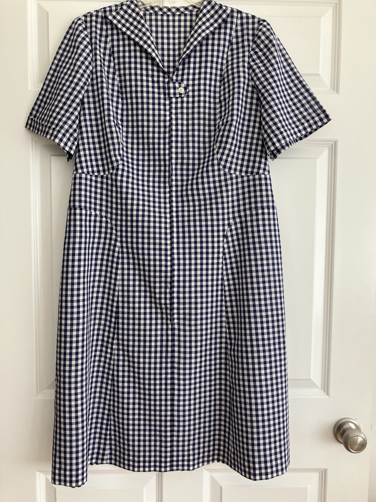 Vintage 50s PLUS SIZE Gingham Waitress Uniform Dress Front Zip 1/2 Belt 46-42-46