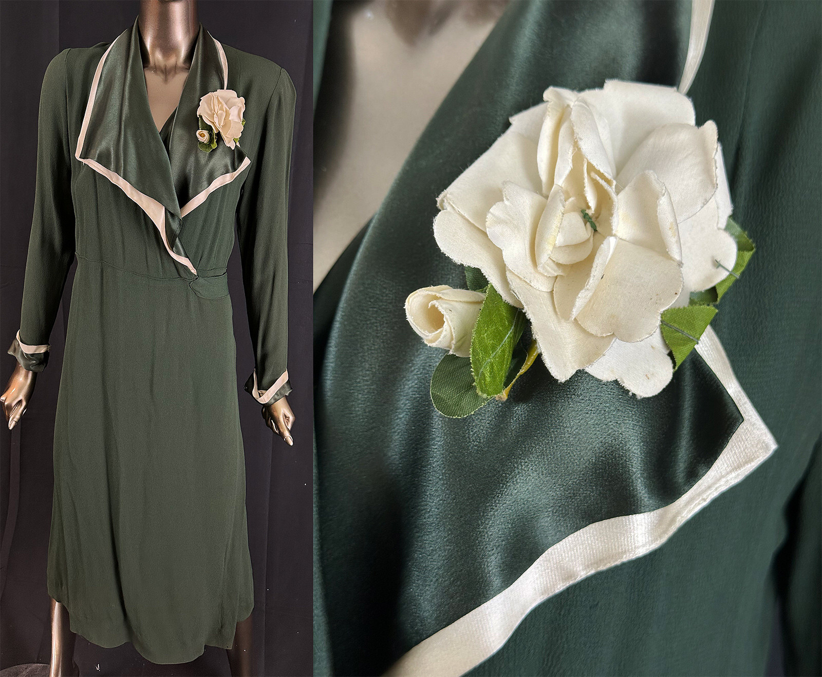 Vintage 1930s Dark Forest Green Silk Crepe White Magnolia Flower Trim Wrap Dress