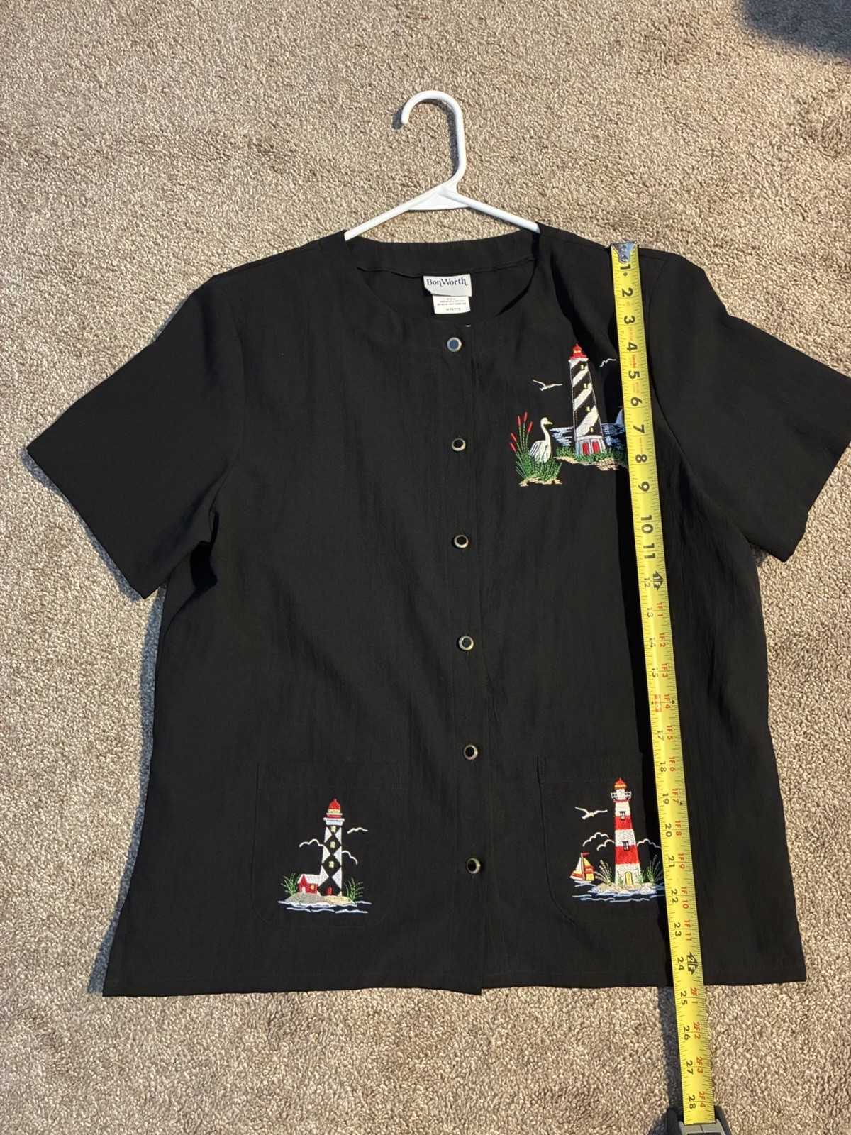 vtg Bon Worth black short-sleeve button-up lighthouse embroidery Lightweight Mp