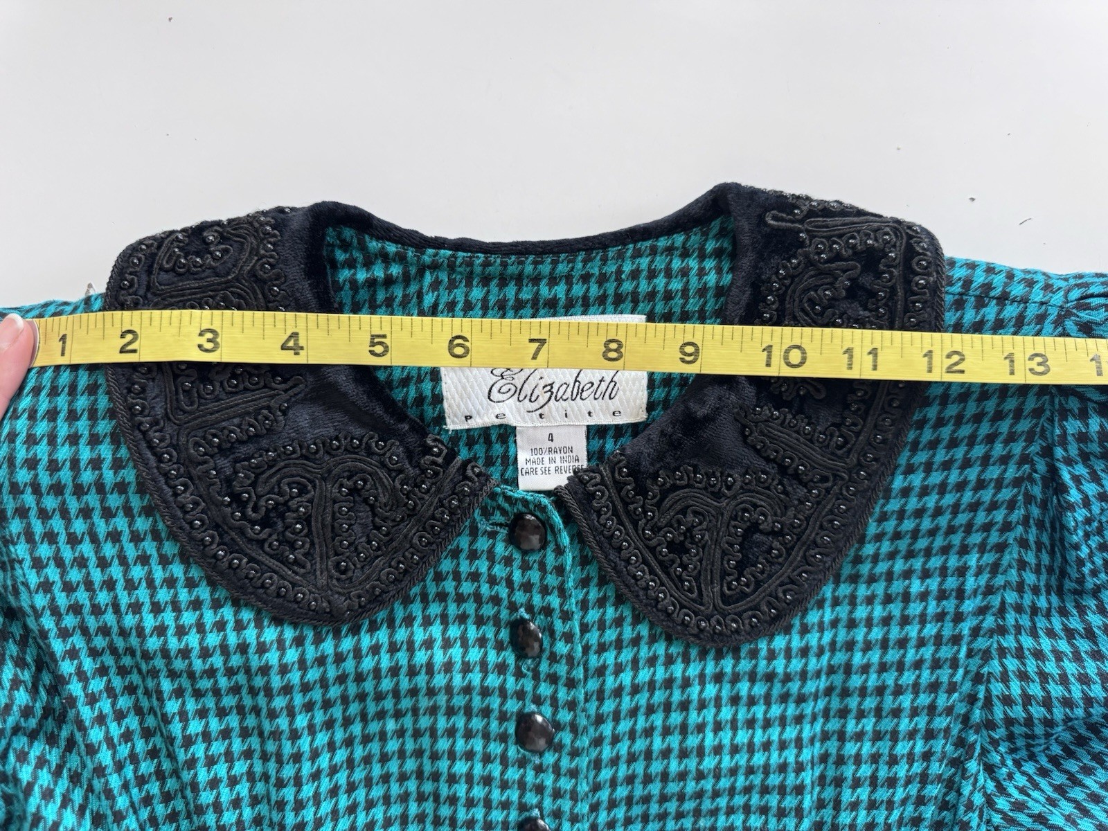 Vintage 80s Sarah Elizabeth Beaded collar Teal Gingham Goth Check Maxi Dress