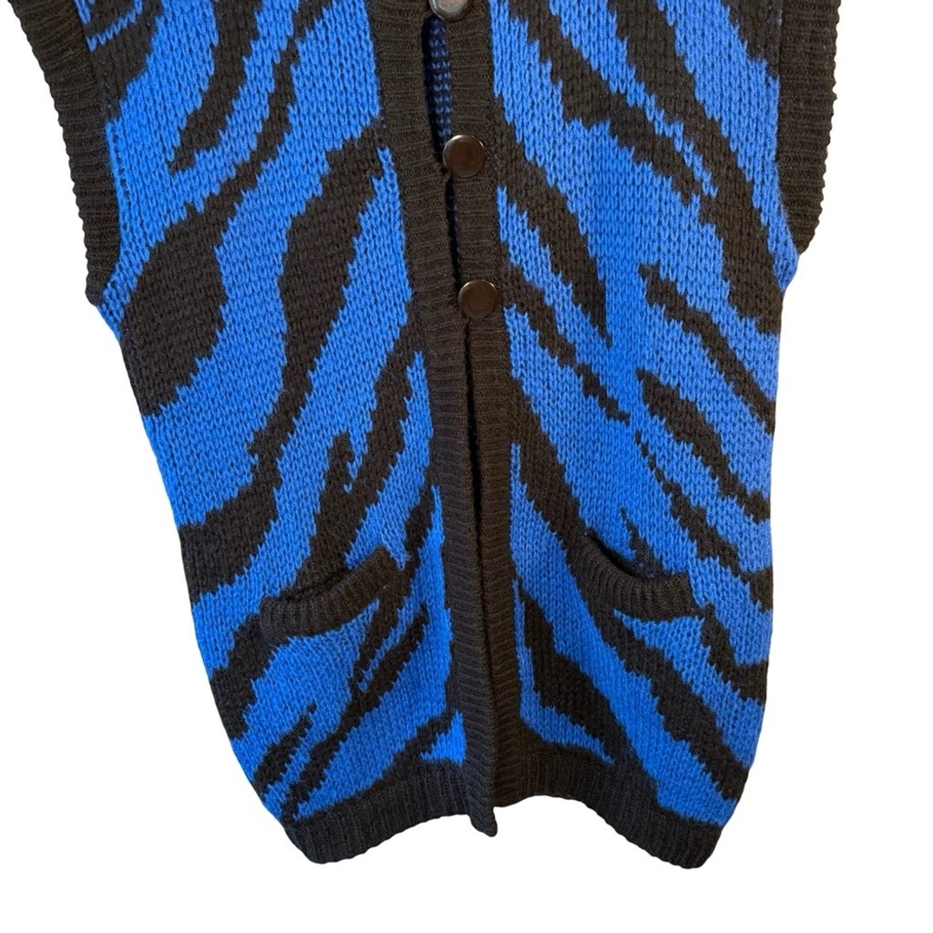 Blue and Black Handknit Zebra Cardigan Sweater Size L XL Y2K Chunky Oversized