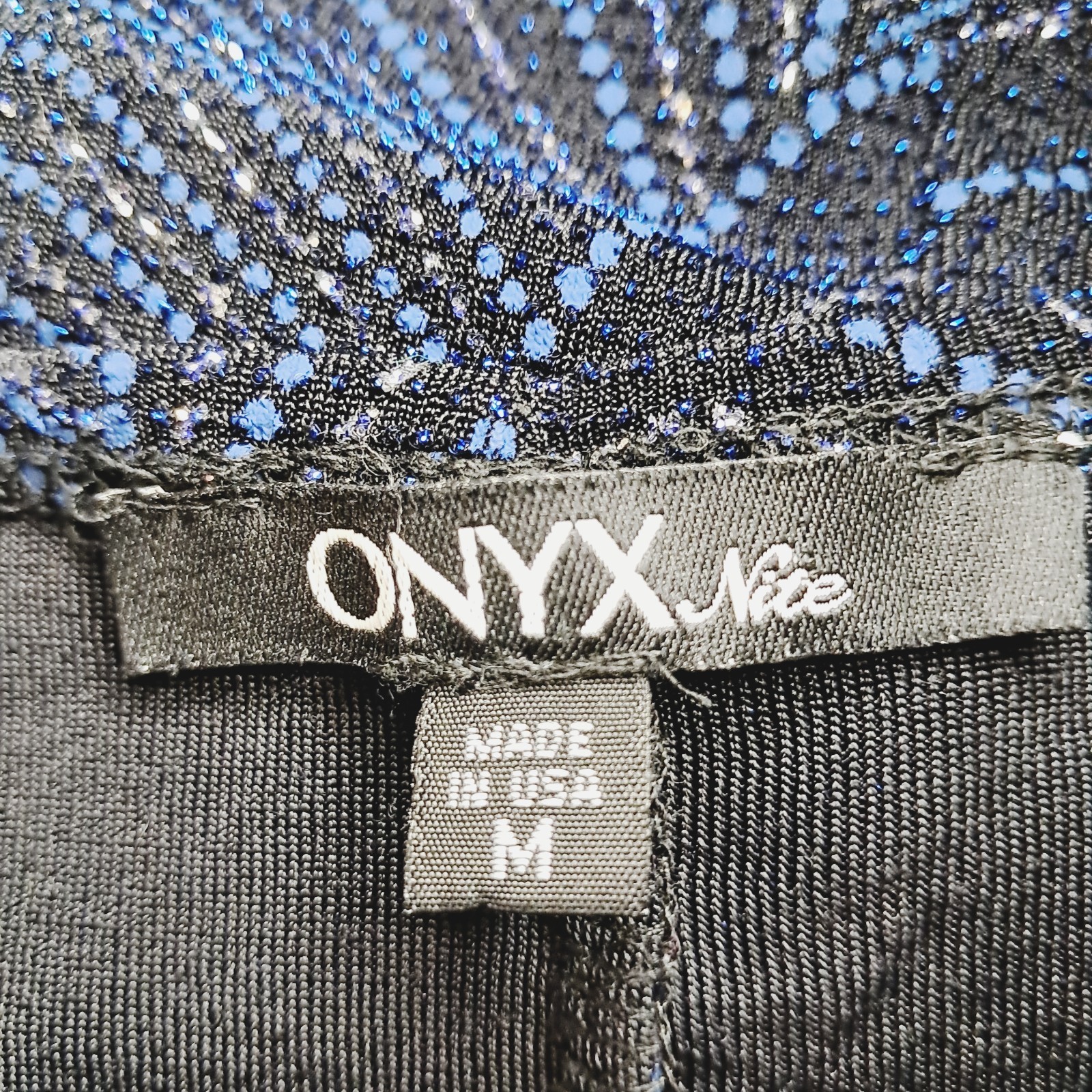 Vtg 90s Onyx Nite Navy Silver Glitter Texture Asymmetrical Hem Party Blouse Sz M
