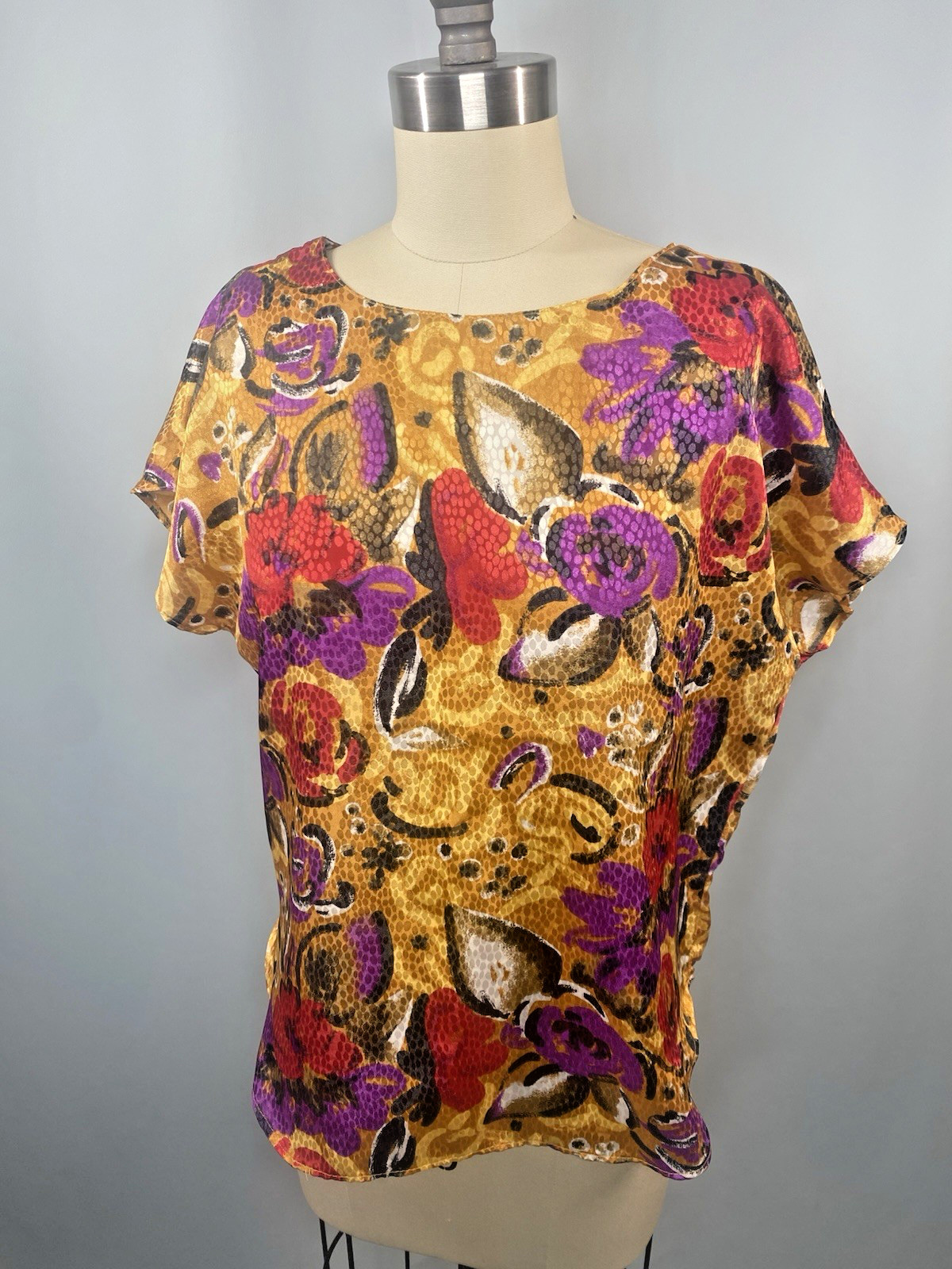 Vintage Blouse SIZE 4 XS PETITE gold red purple floral NOTATIONS 80s 90s