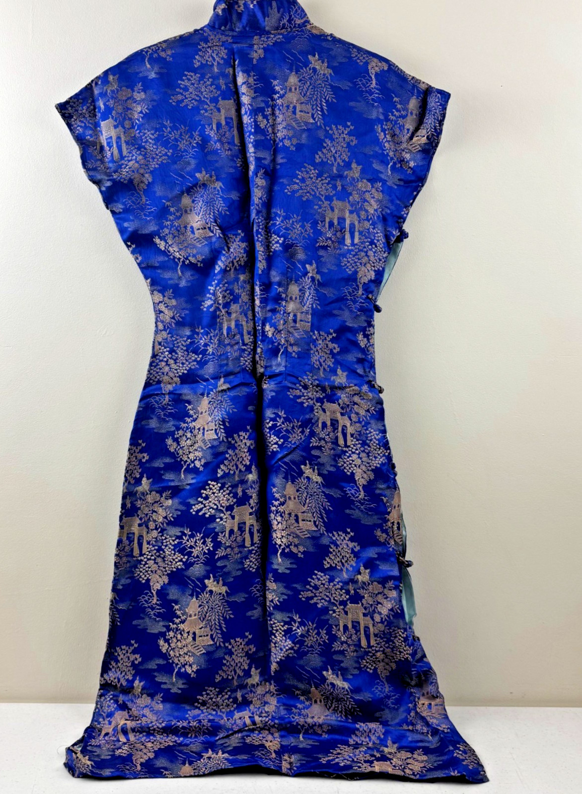 Vintage Blue & Gold Asian Brocade Cheongsam Dress With High Collar & Side Button
