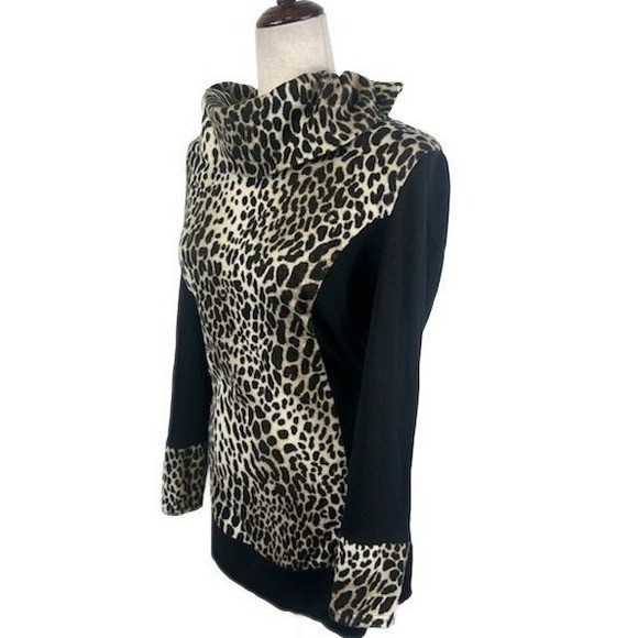 Y2K Vintage Joseph Ribkoff Cowl Neck Leopard Print Tunic Top Black Size 14