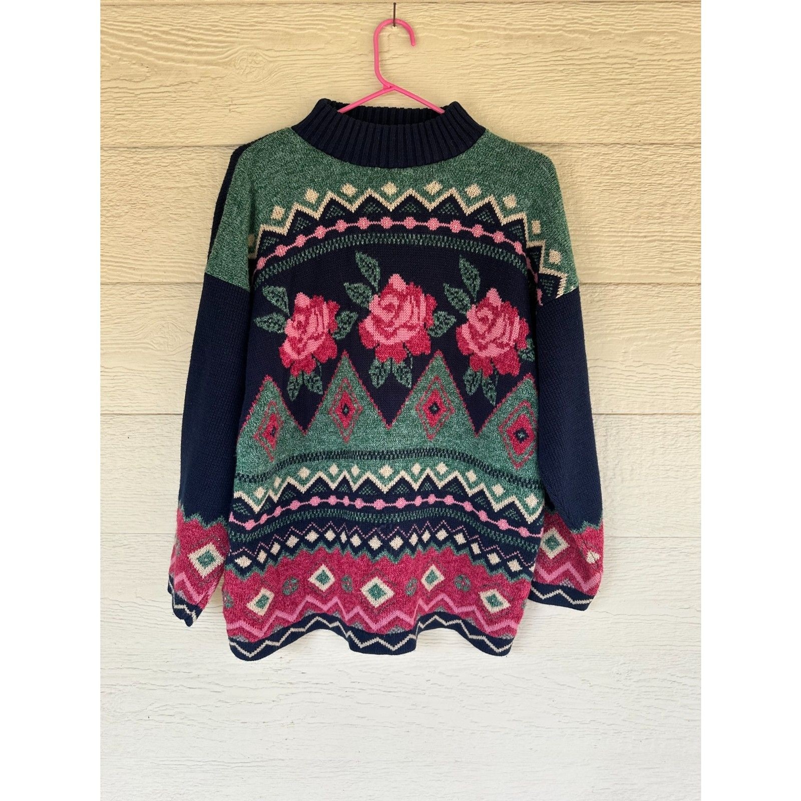 Vintage Private Eyes Floral Aztec Knit Mock Neck Sweater Women’s Size L