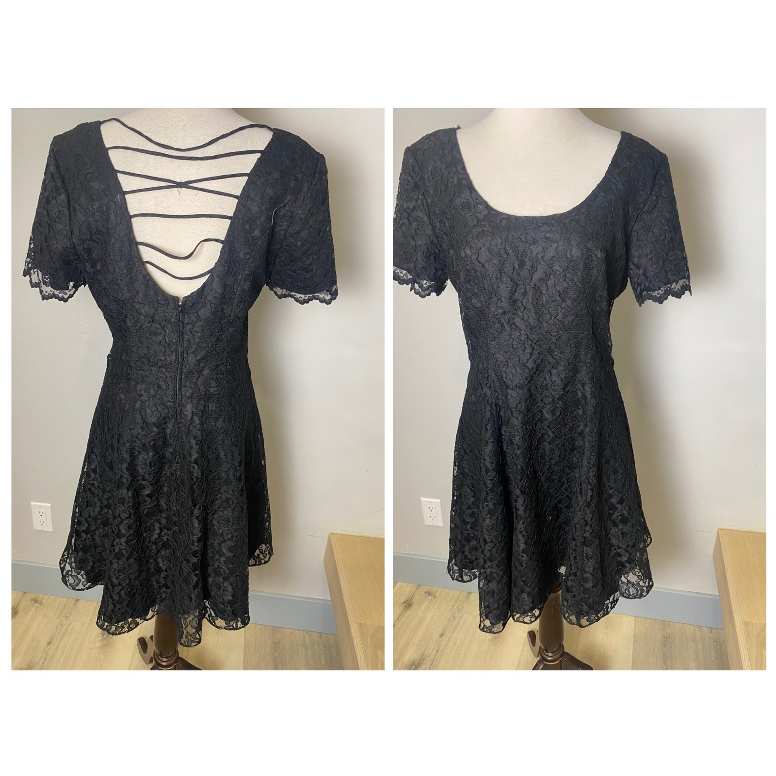 Vintage 90s Black Lace Open Back Fit Flare Mini Dress Womens Goth Grunge M