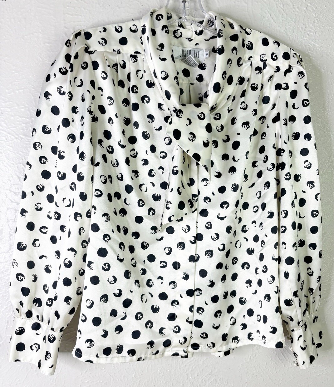 VTG Josephine Sz 8 Blouse Black/ Off White Polka Dot Tie Neck Hidden Buttons GUC