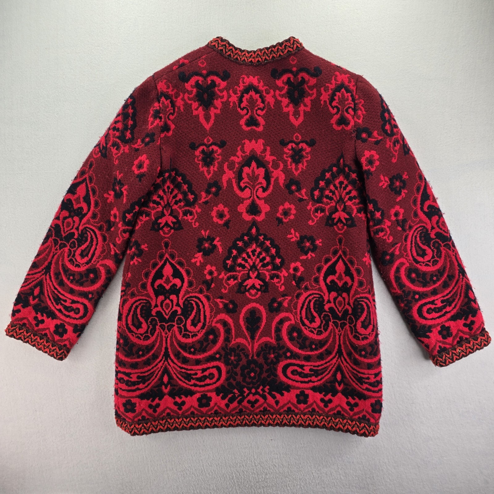I. Magnin Womens Wool Jacket Sweater Black Red 36×30 Icelandic Floral Splash