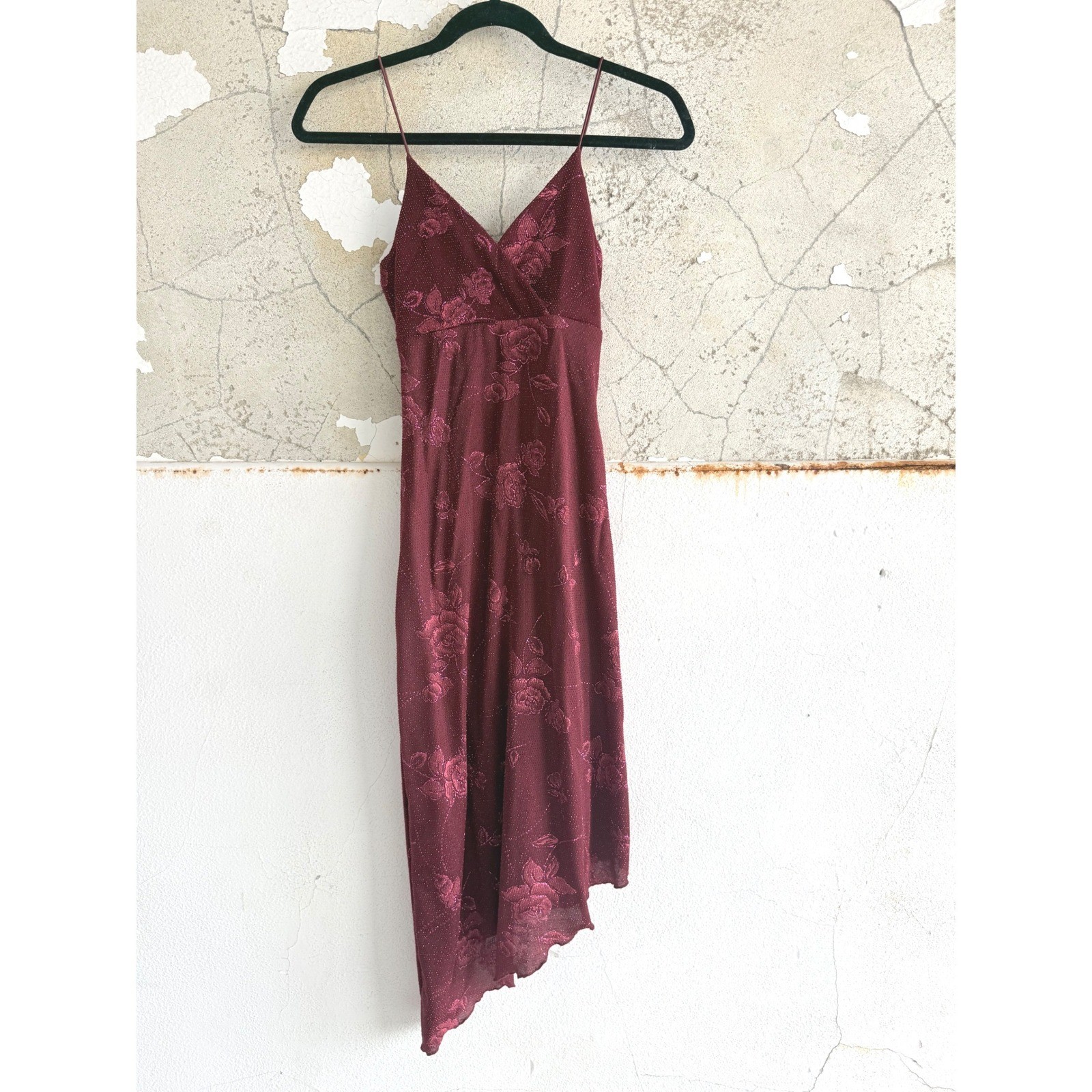 Vtg 90s Midi Dress Floral Asymmetrical Burgundy Glitter My Michelle S USA Made