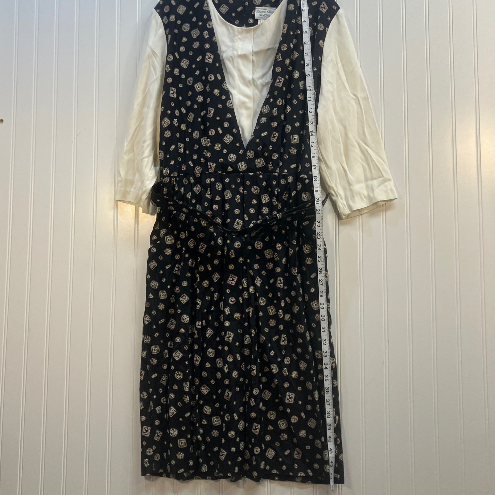 Stuart Alan Petites Vintage 90s Layered Look Midi Dress Black Geometric 16P USA