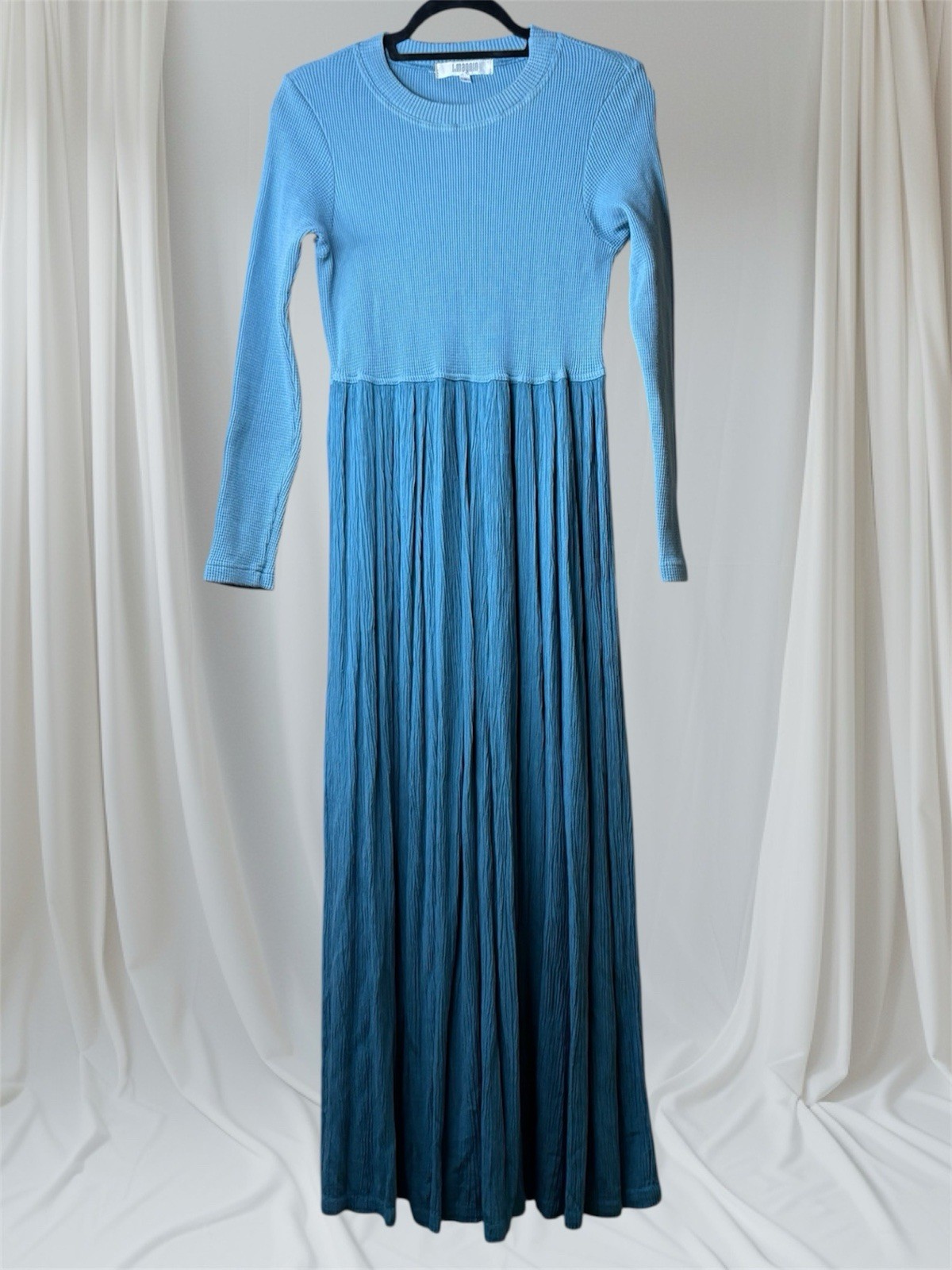 VTG I Magnin KNIT CONTRAST RIBBED LONG SLEEVE Crinkle DRESS Blue Size 2 RARE