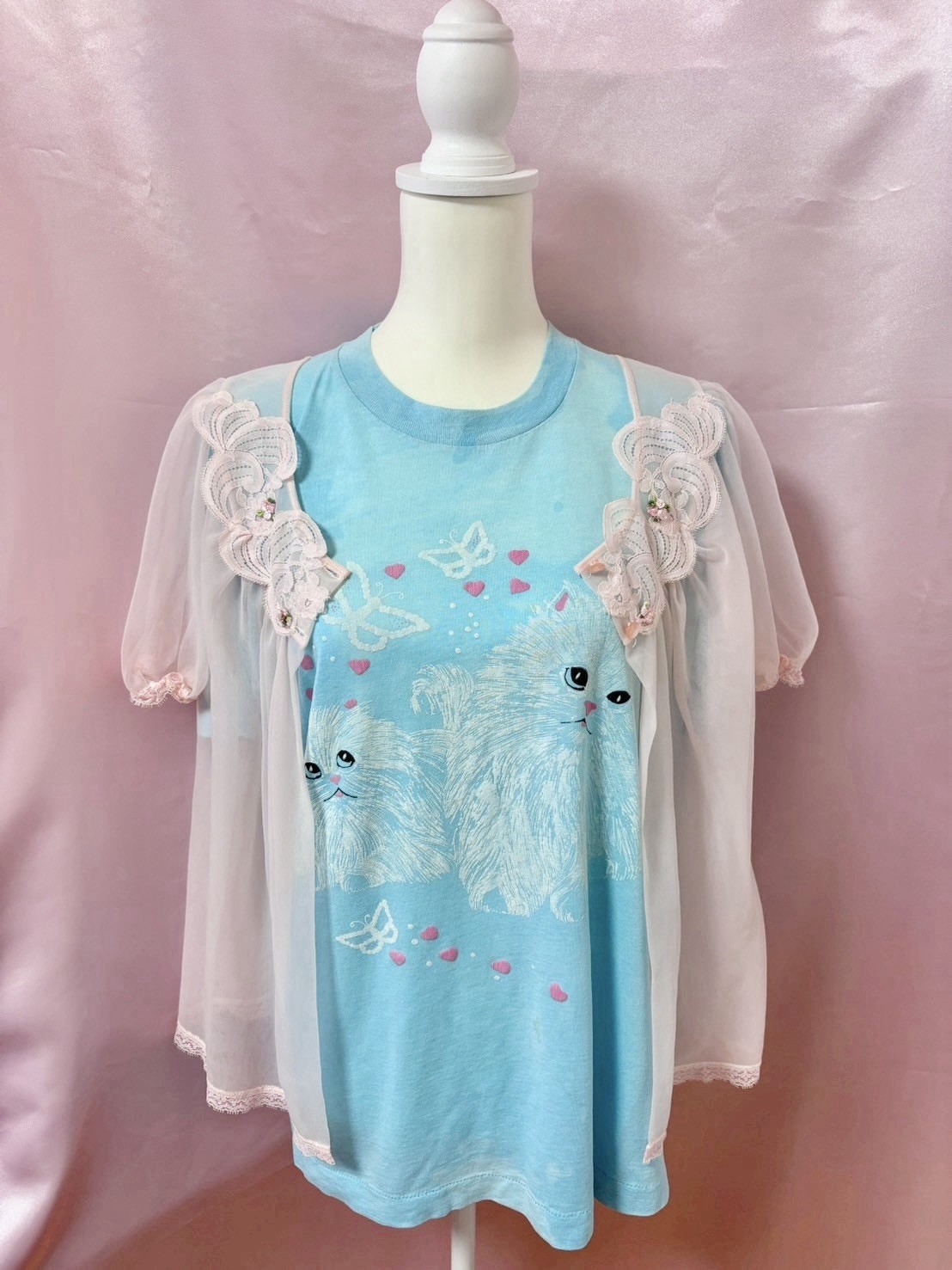 Vintage 1980s Graphic Cat Kitten Blue T shirts Made in USA Size XL Kawaii