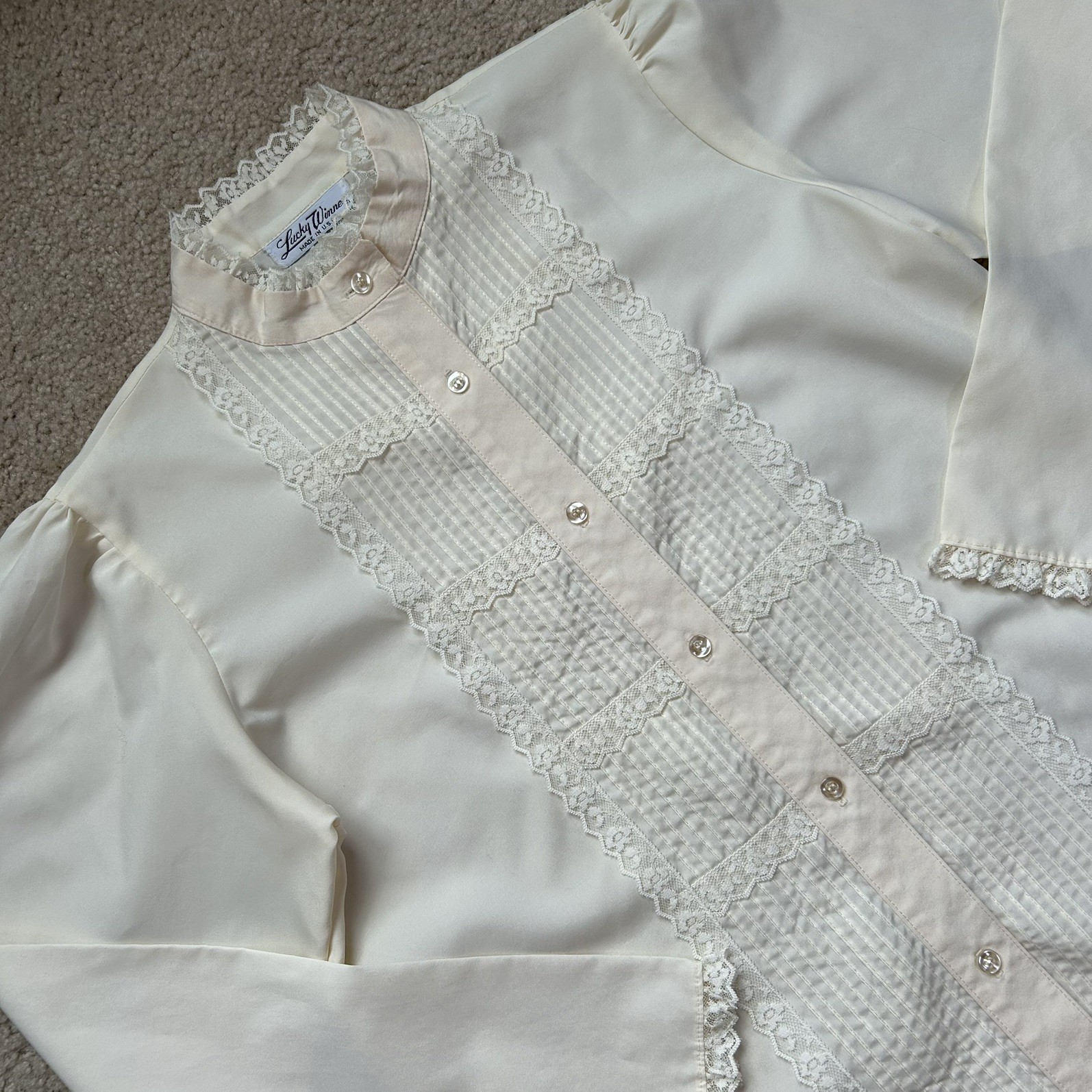 VTG Made in USA Ivory Victorian Prairie Blouse Cottagecore Sz S Lace High Neck