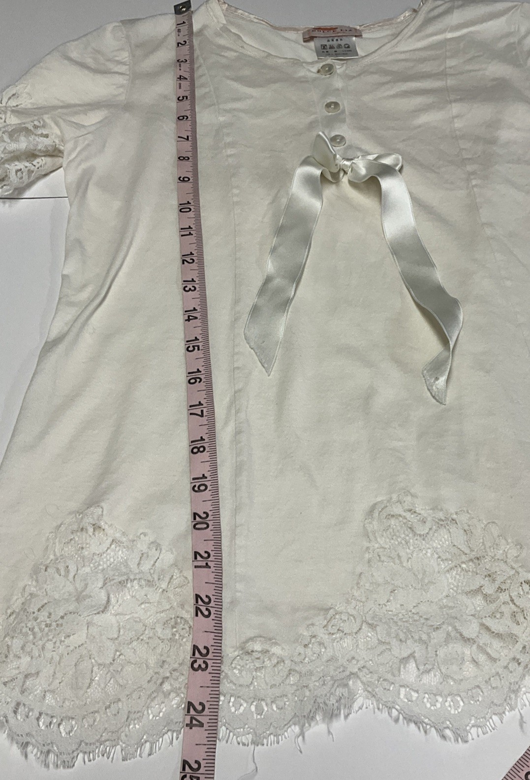 Vintage Dolce Lia Lace Trim Lingerie Top Ivory Short Sleeve L Satin Bow Italy