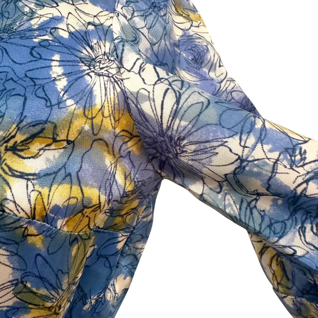 Vintage 1950s Blue & Yellow Floral Print Fit n Flare Tea Party Day Dress