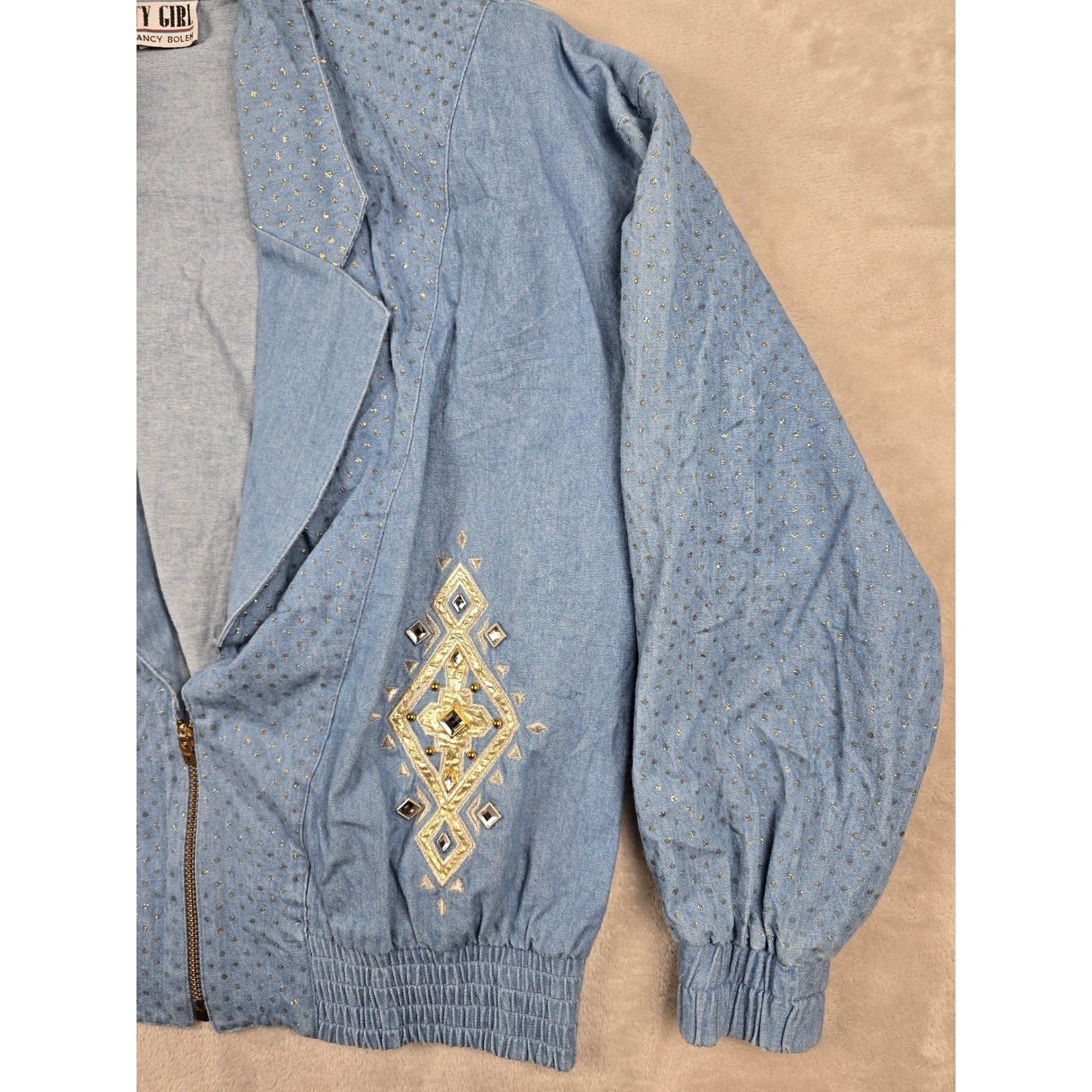 Vintage City Girl Blazer Womens L/XL Blue Gold Studded 80s Talon Zip *Read