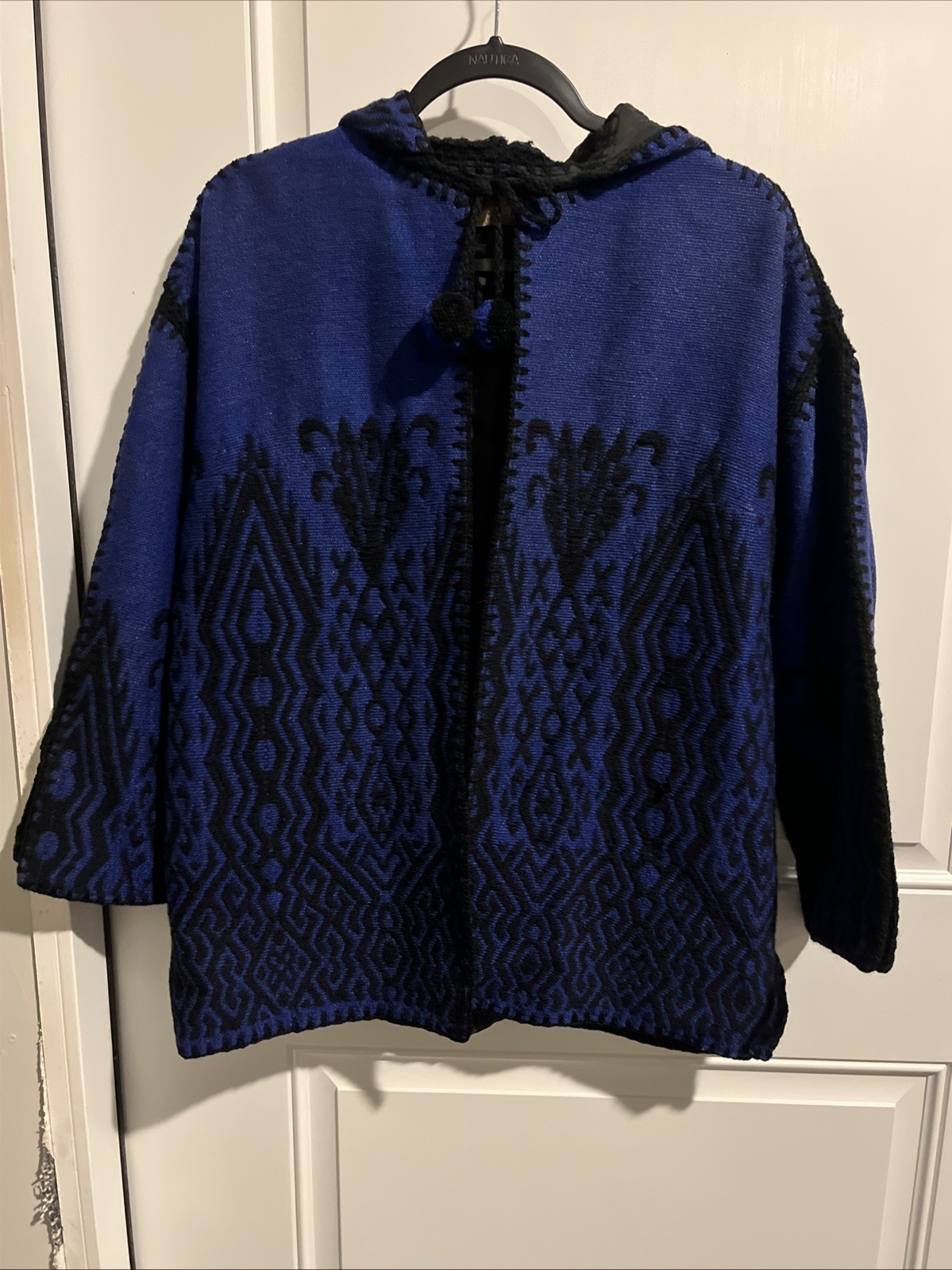 Vintage Woman’s Knit Crocheted Blue & Black Poncho Jacket Wool Cotton Lined