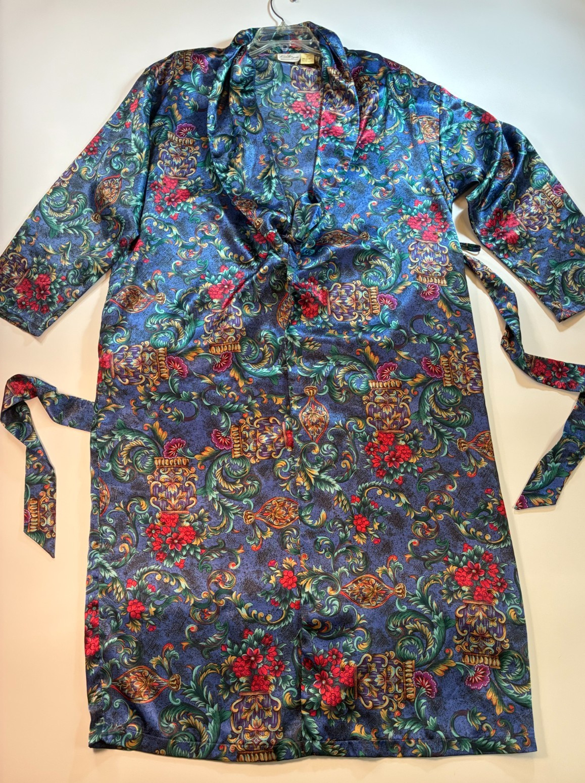 Vintage MARINE BLUE Long WRAP ROBE Medium VICTORIAN FLORAL Dressing Gown Kathryn
