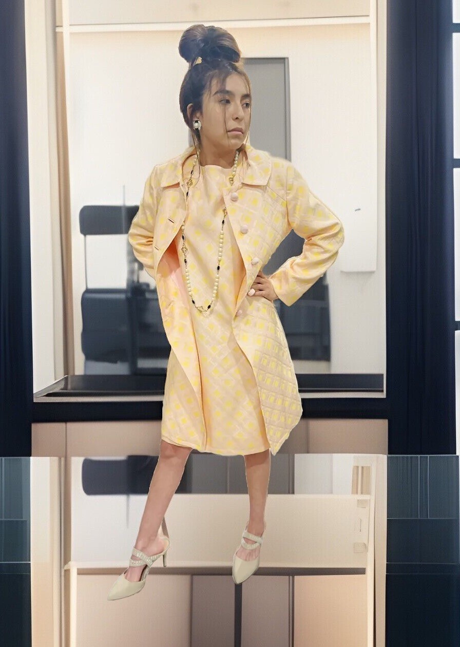 1960’s Pink Yellow Brocade Easter Spring Wedding Union Made Dress Coat Suit Sz 8