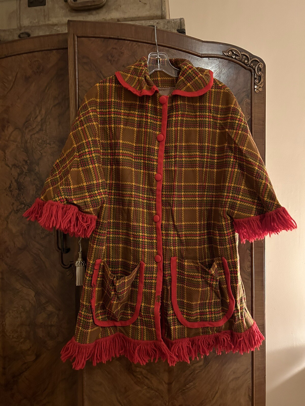 Vtg mid century plaid cape jacket fringe groovy modern boho needs repair on trim