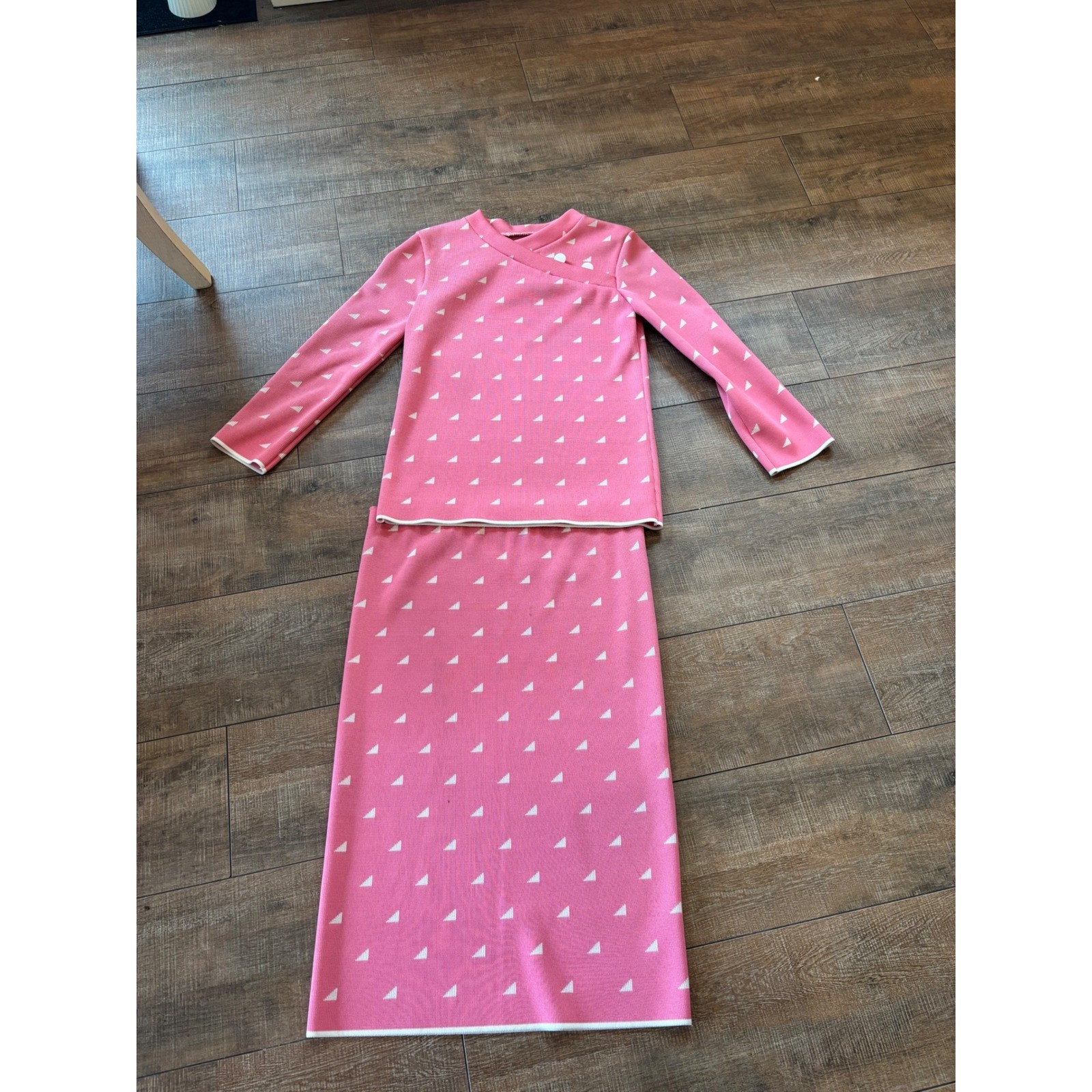 Vintage Pink Geometric Knit Skirt Set Asymmetrical Button Top Midi Skirt Small