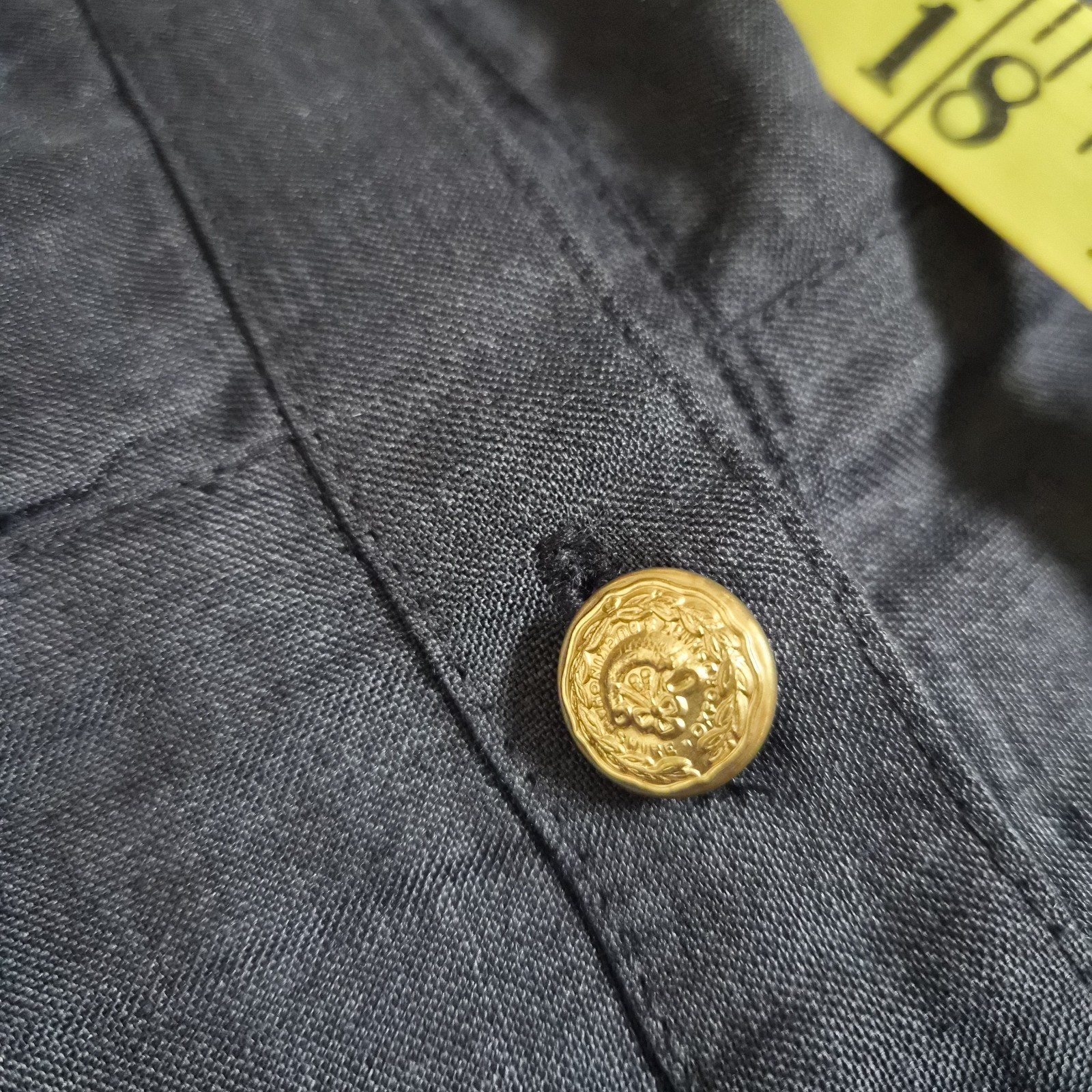 VTG Hulter Tuxedo Linen Dress 8 Navy Pintuck Gold Button 90’s Old money Minimal