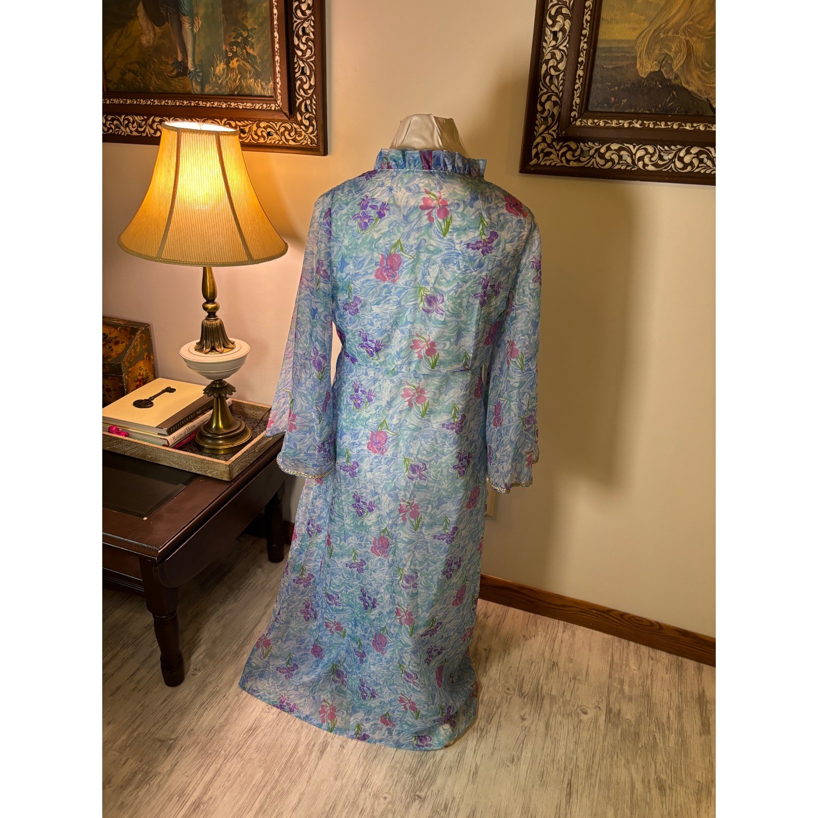 Vintage 60s Mad Men flower Dress Set, Sheer Layered Gown Bell Sleeve S/M