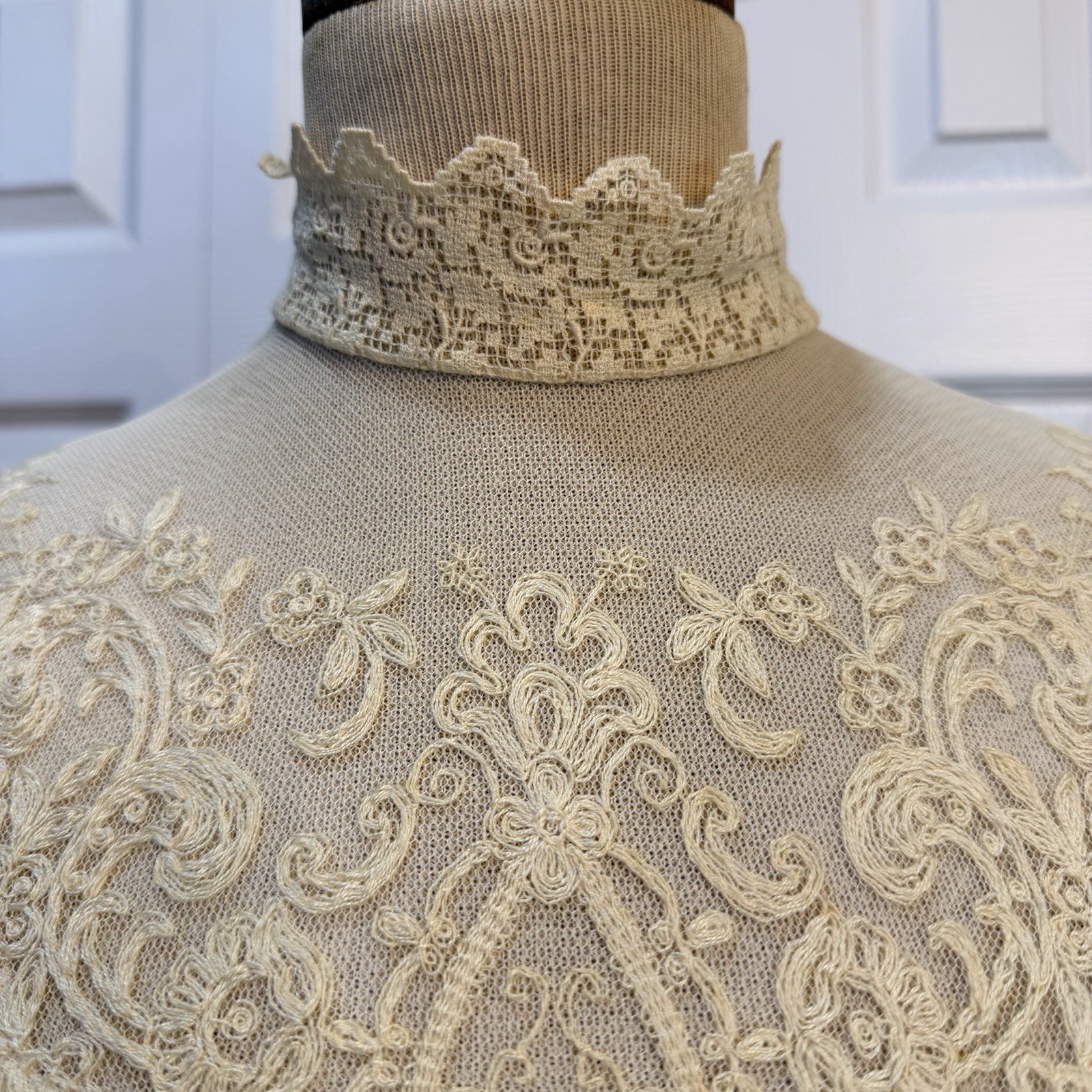 Vintage 70s Bonnie Strauss Dress Medium Lace Sheer Victorian Cottage Prairie 80s