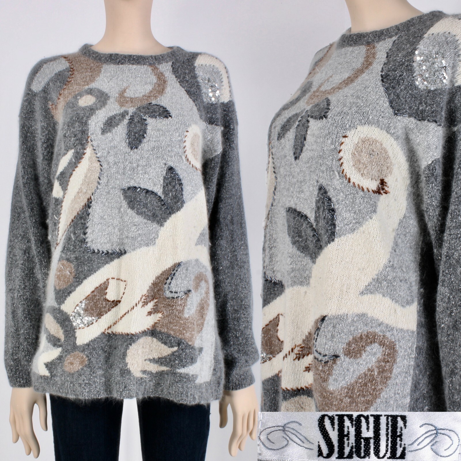 M Vintage 80s SEGUE Gray Silk Angora Abstract Sequin SOFT Knit Sweater 1980s