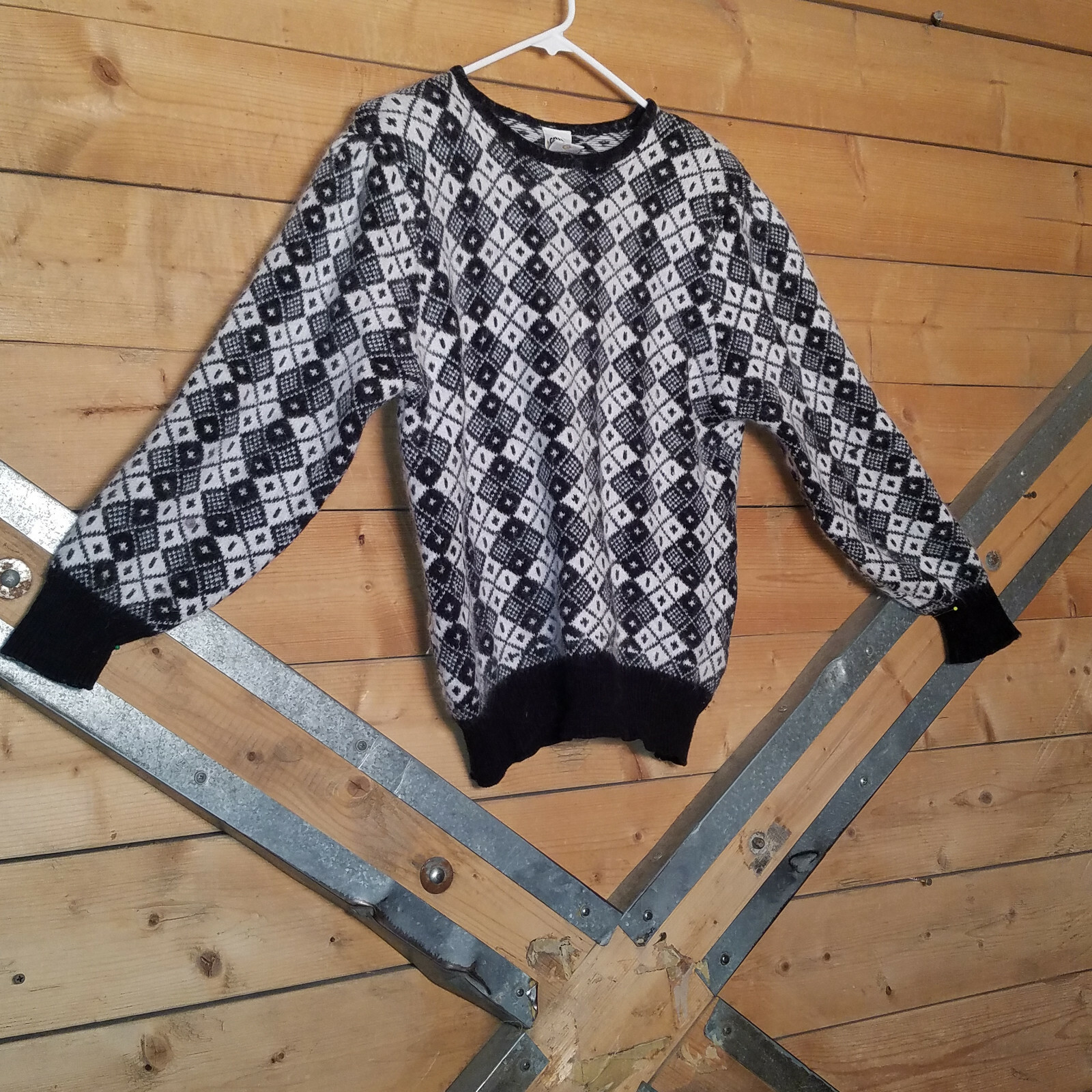 Large Black and White Sweater with Diamond Pattern by Golden Gate – Swanky Barn