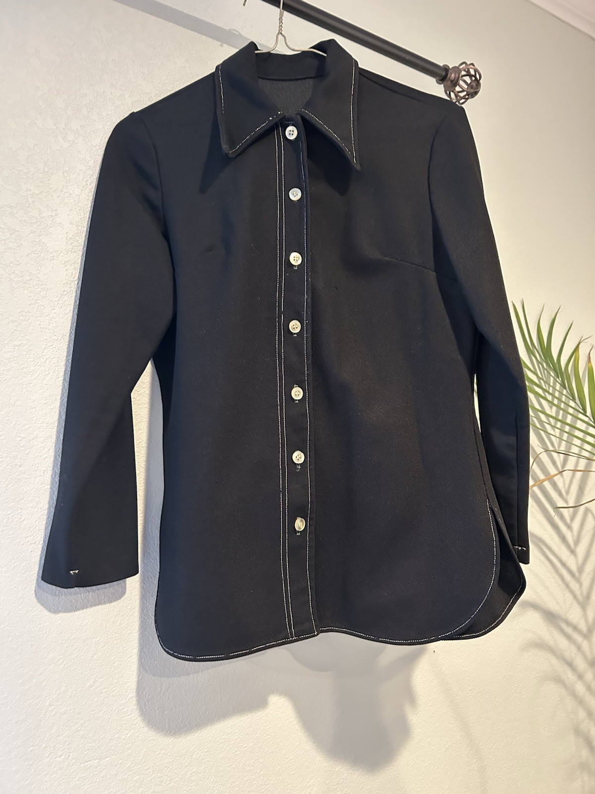 Vintage 1970s Black Contrast Stitch Button Front Knit Blouse Made USA