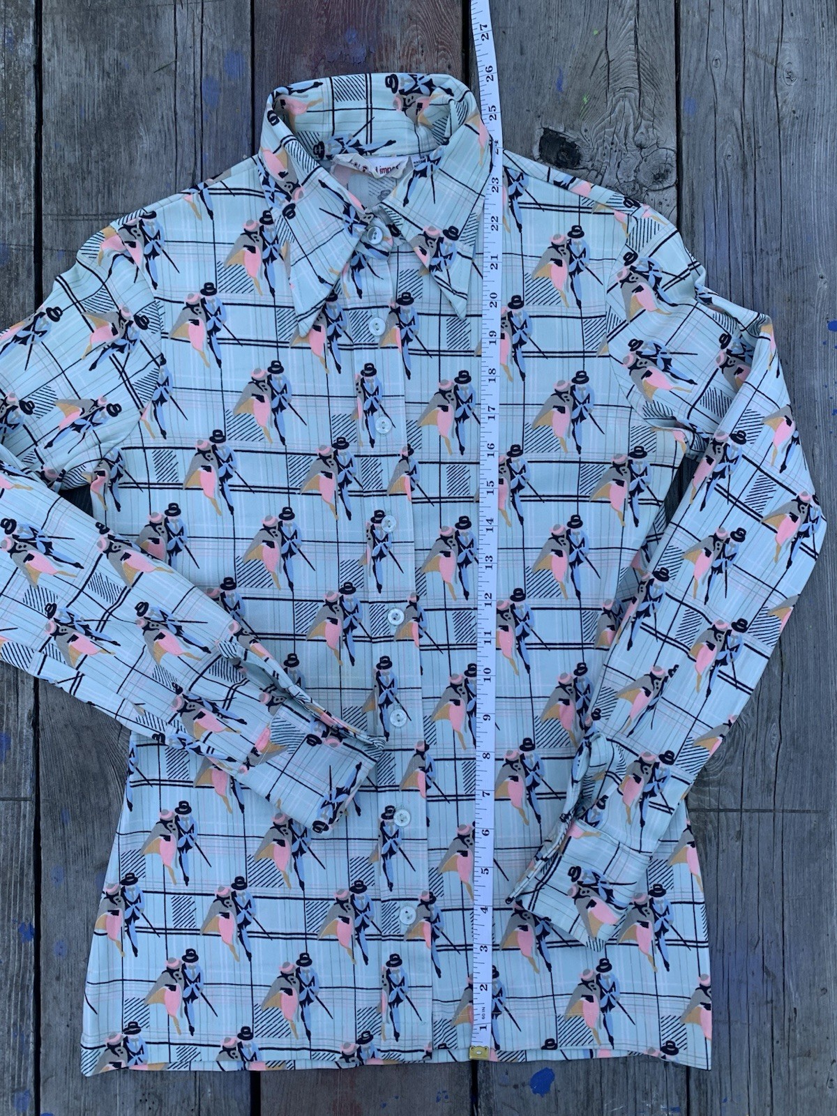 An Original Imprint Graphic Button-Front Shirt 100% Polyester 16 1/2 Blue