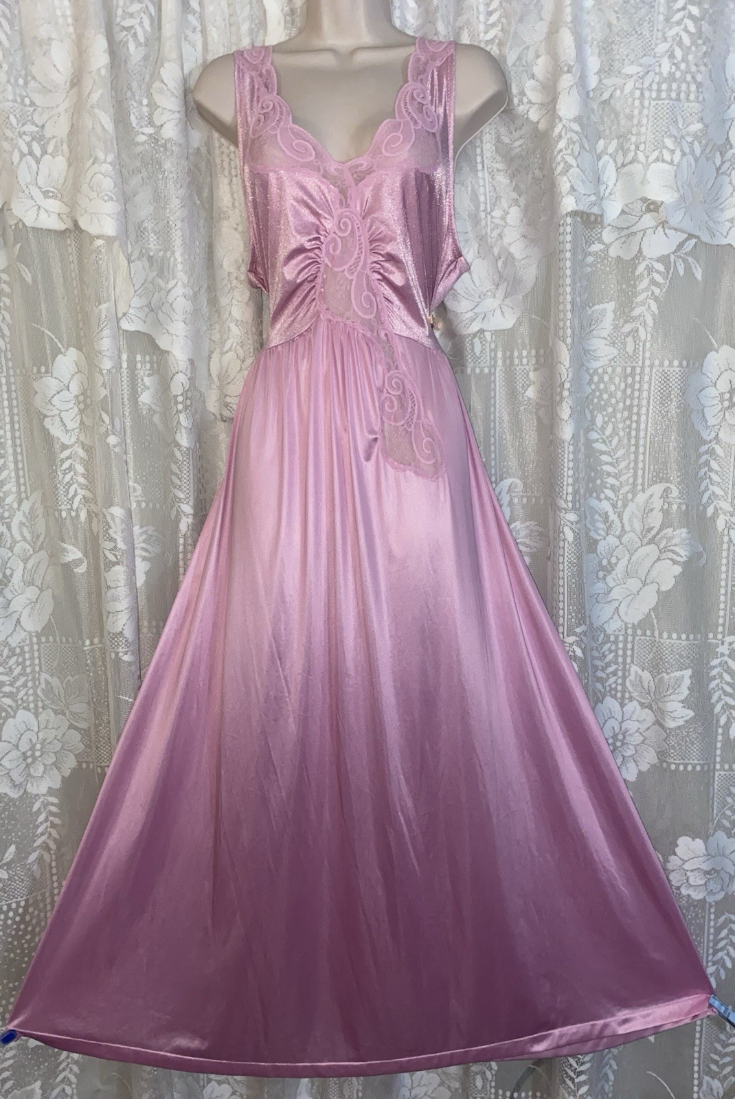 VTG L XL 14-16 TALL LILAC Famous Bodies Nightgown Negligee inset Lace Olga esque