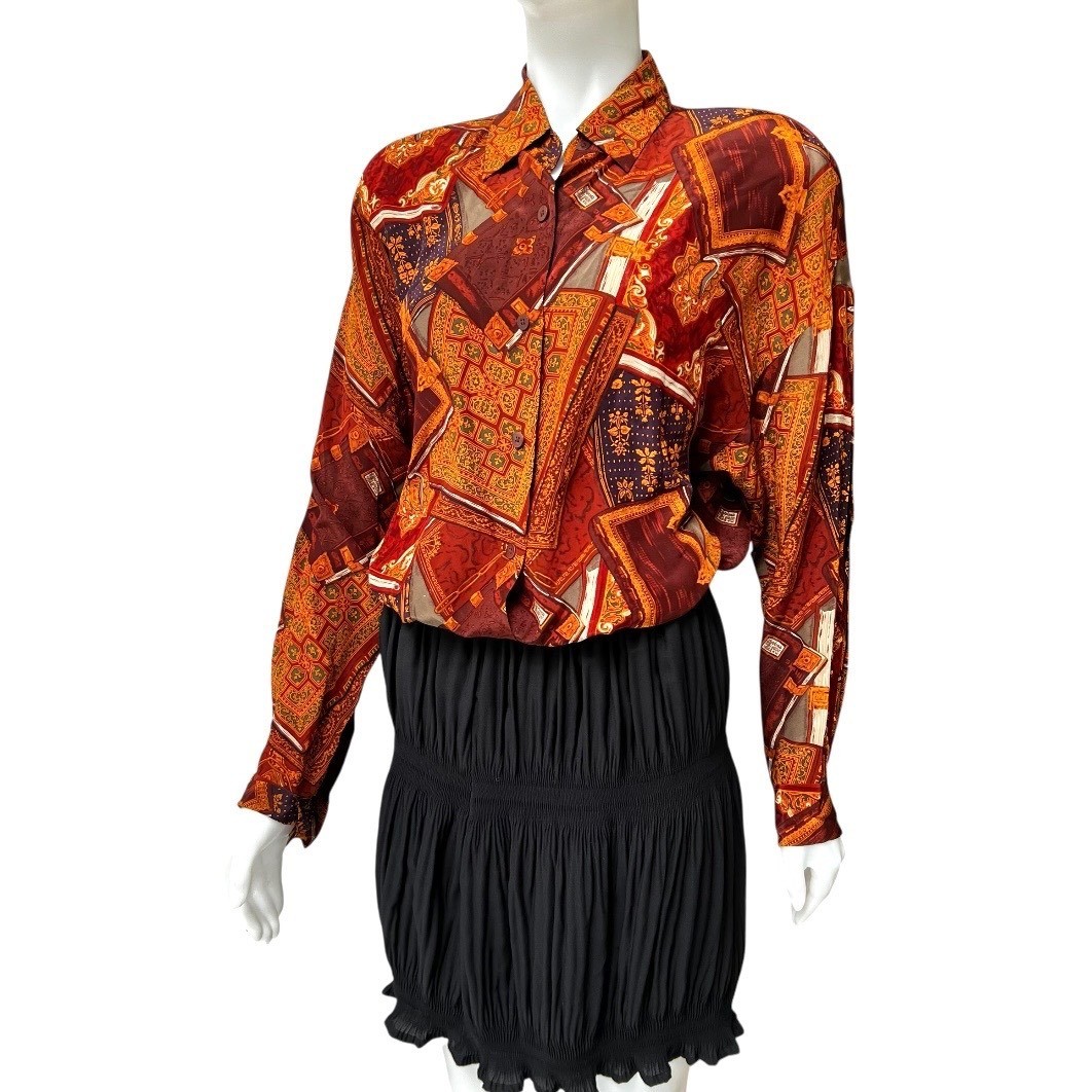 VTG Linda Allard Ellen Tracy Silk Blouse Scarf Print Office Siren 90’s 12 Tall