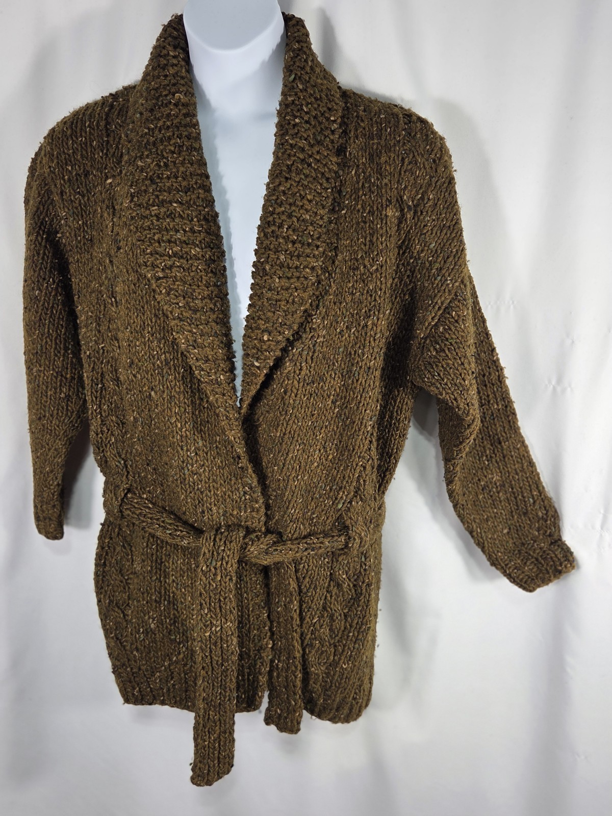 Vintage Women’s Perry Ellis Handknit Wool Belted Cardigan Olive Brown Size S