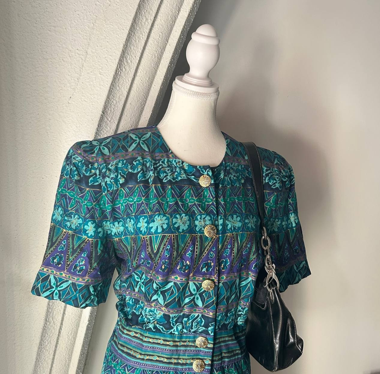 Positive Attitude Womens Dress Sz L Blue Short Sleeve 80s Vintage