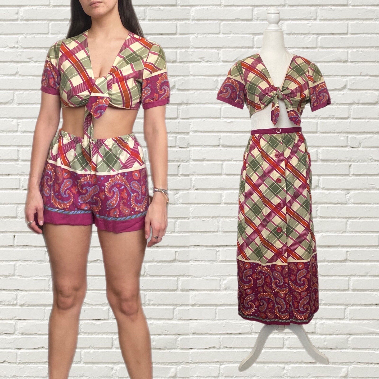 Vintage 70s 3 Piece Set Cotton Crop Top Hot Shorts & Maxi Skirt Paisley Print