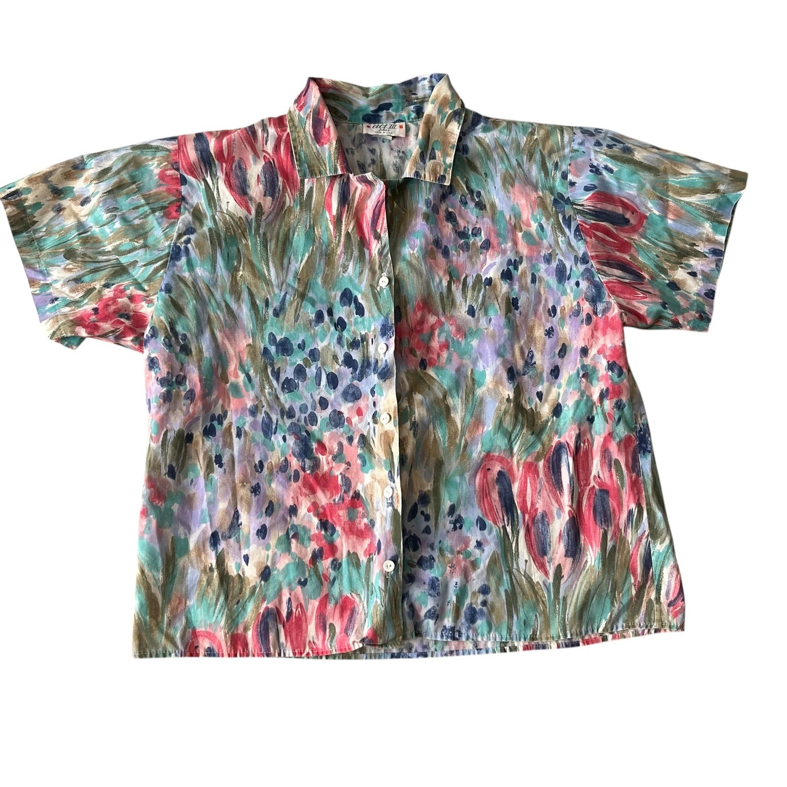 Vintage Act III Floral Abstract Button Up Blouse Short Sleeve Made in USA 1X