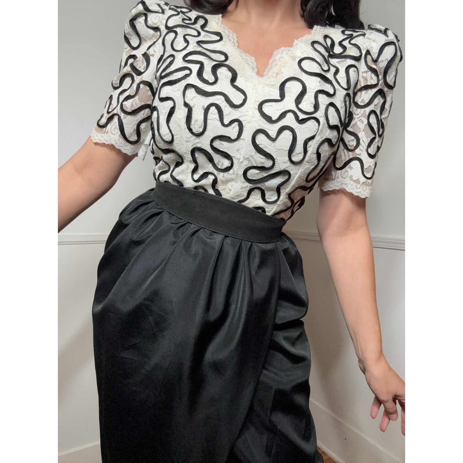 Small 1980s Vintage Black and White Lace Dress by Huey Waltzer for Darcy