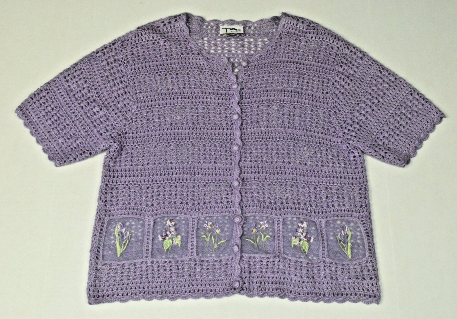 Vintage Tag Crocheted Top Size XL 90s Lavender Ramie Rayon Crochet Embroidered