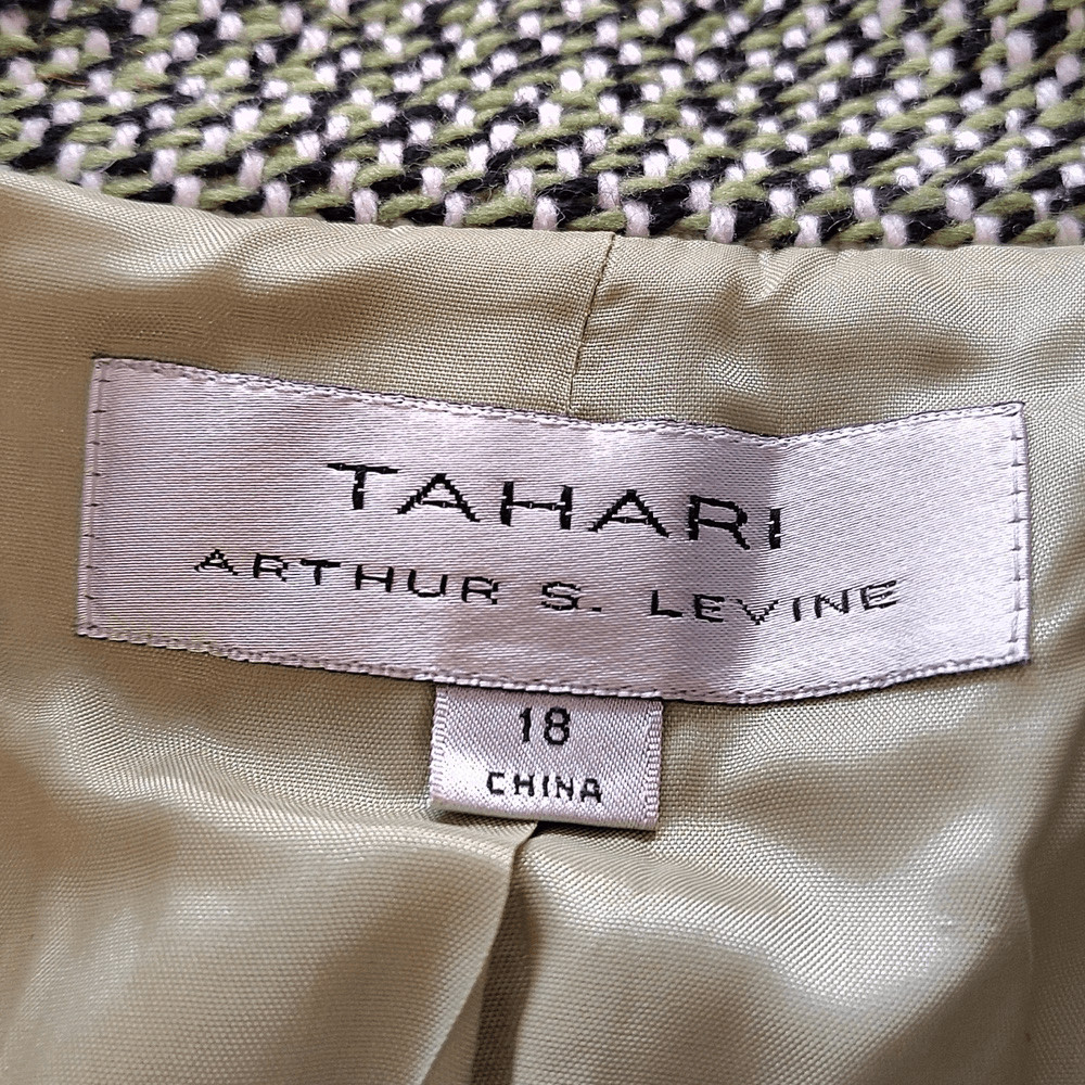 VTG Tahari Green Black Herringbone Tweed Open Front Blazer Plussize 18