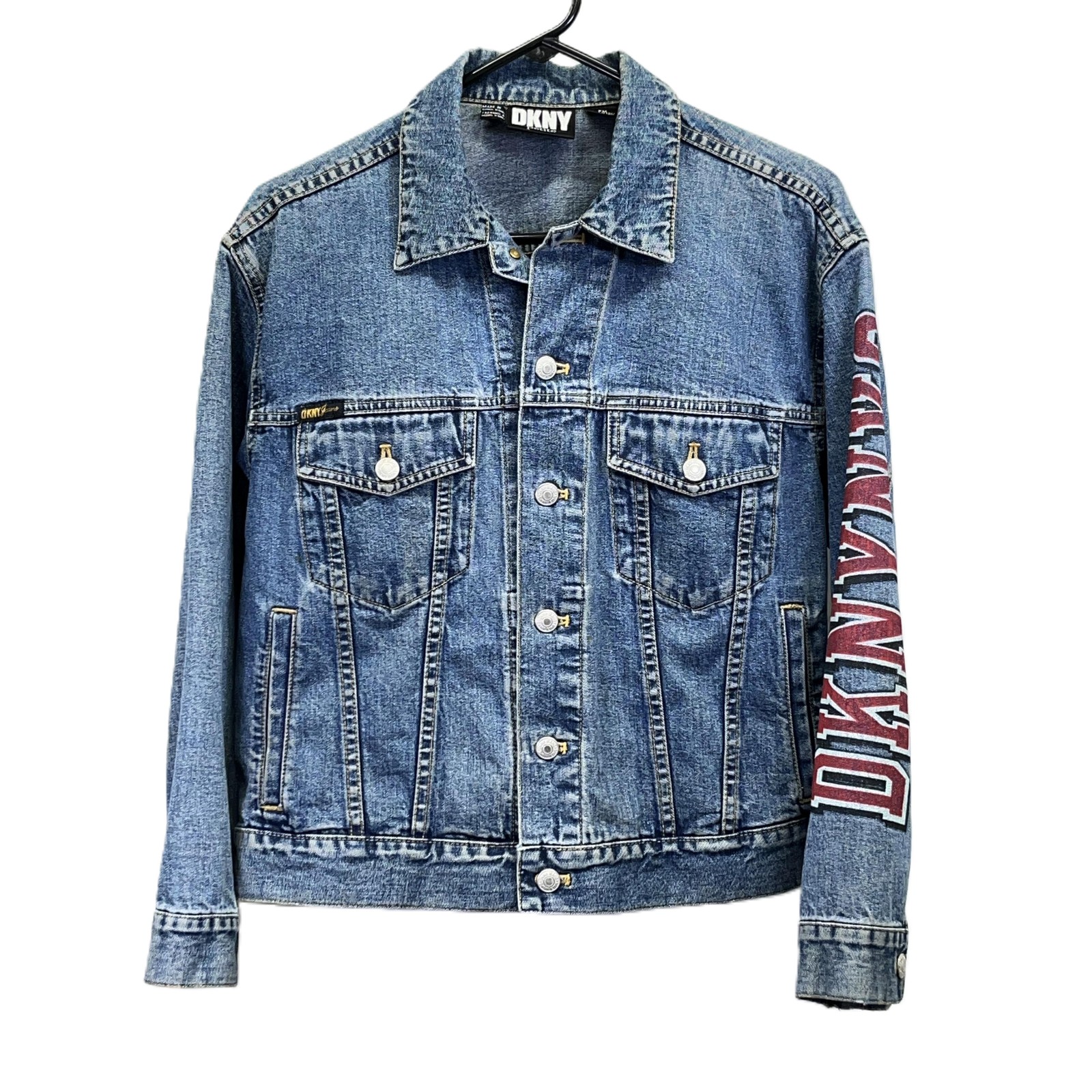 VTG DKNY Spellout Logo Womens’ Blue Jean Petite Button-Up Denim Jacket Size PM