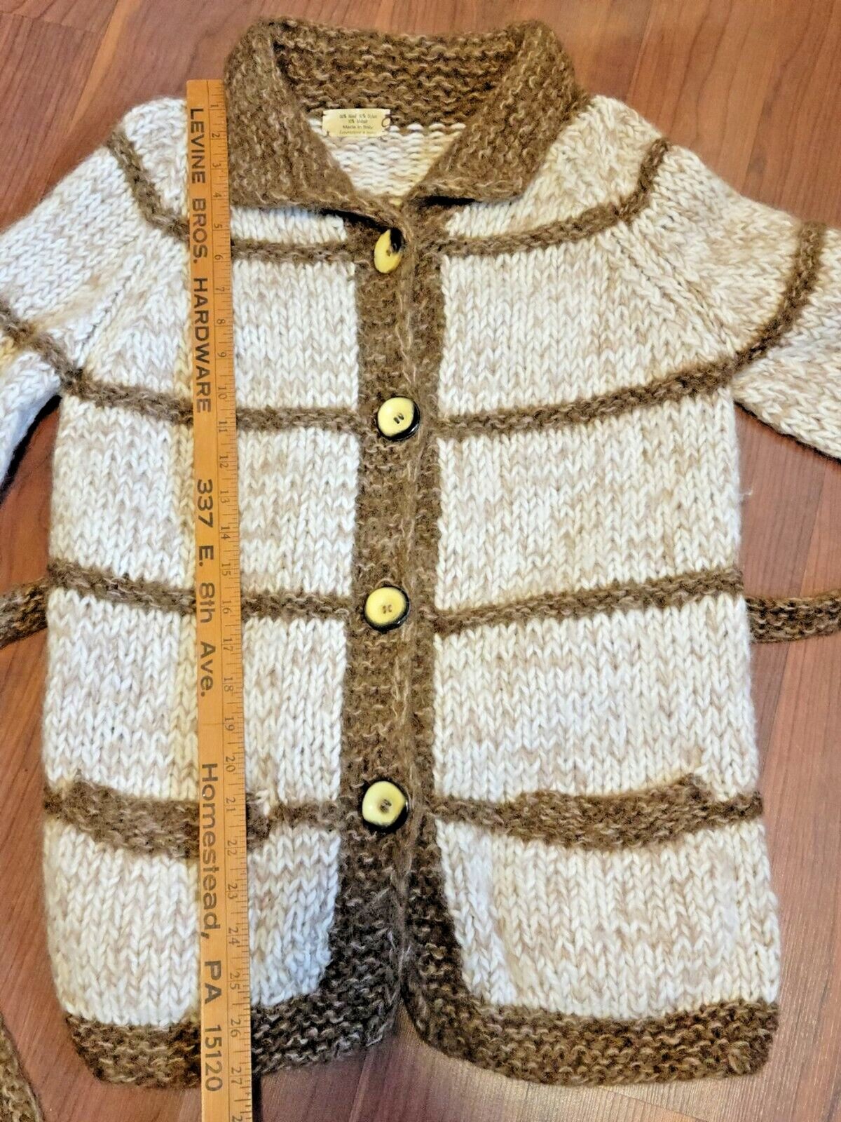 Hand Knitted Italian Wool Mix Shawl Belted Cardigan Brown Cream Vintage 70s Med