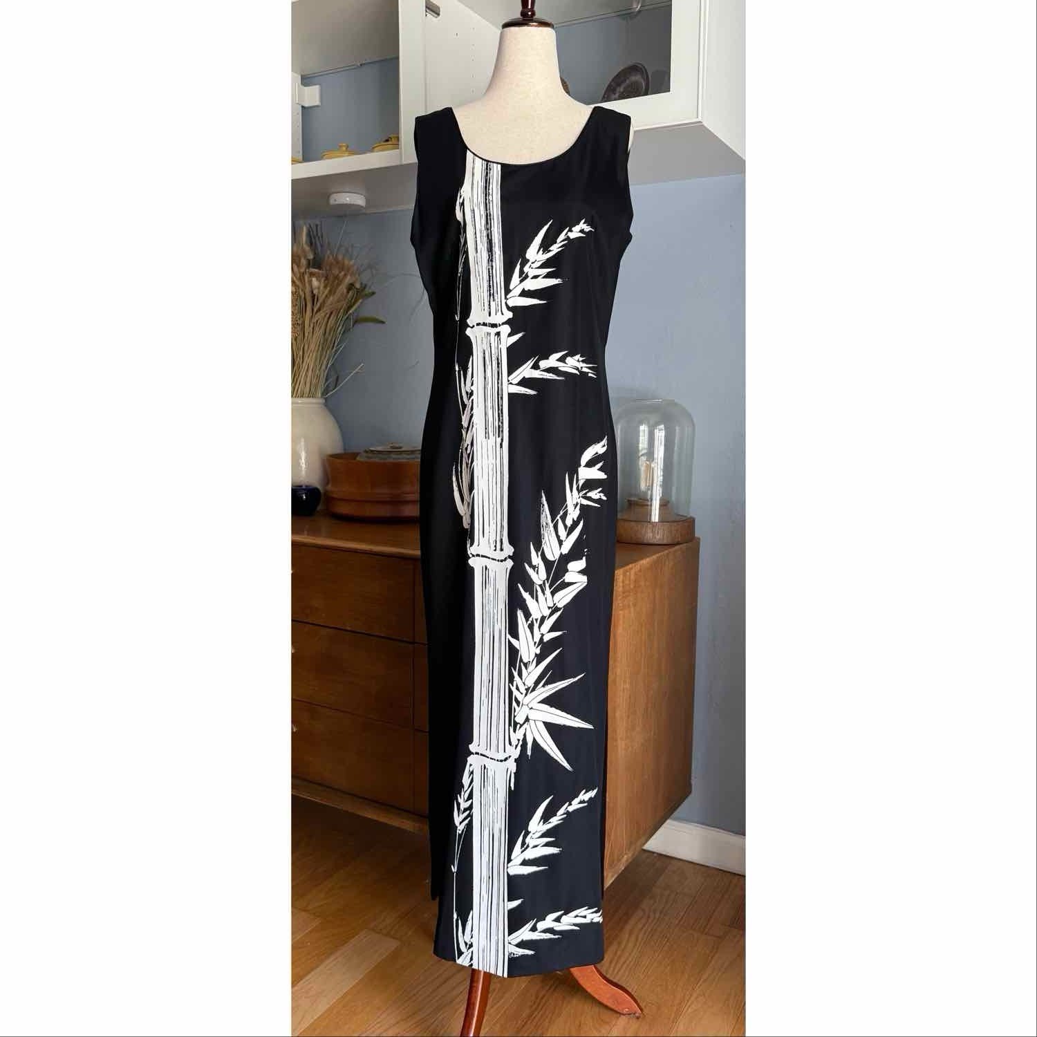VTG 70s Alfred Shaheen Black Hand-Painted White Bamboo Maxi Dress Sz M