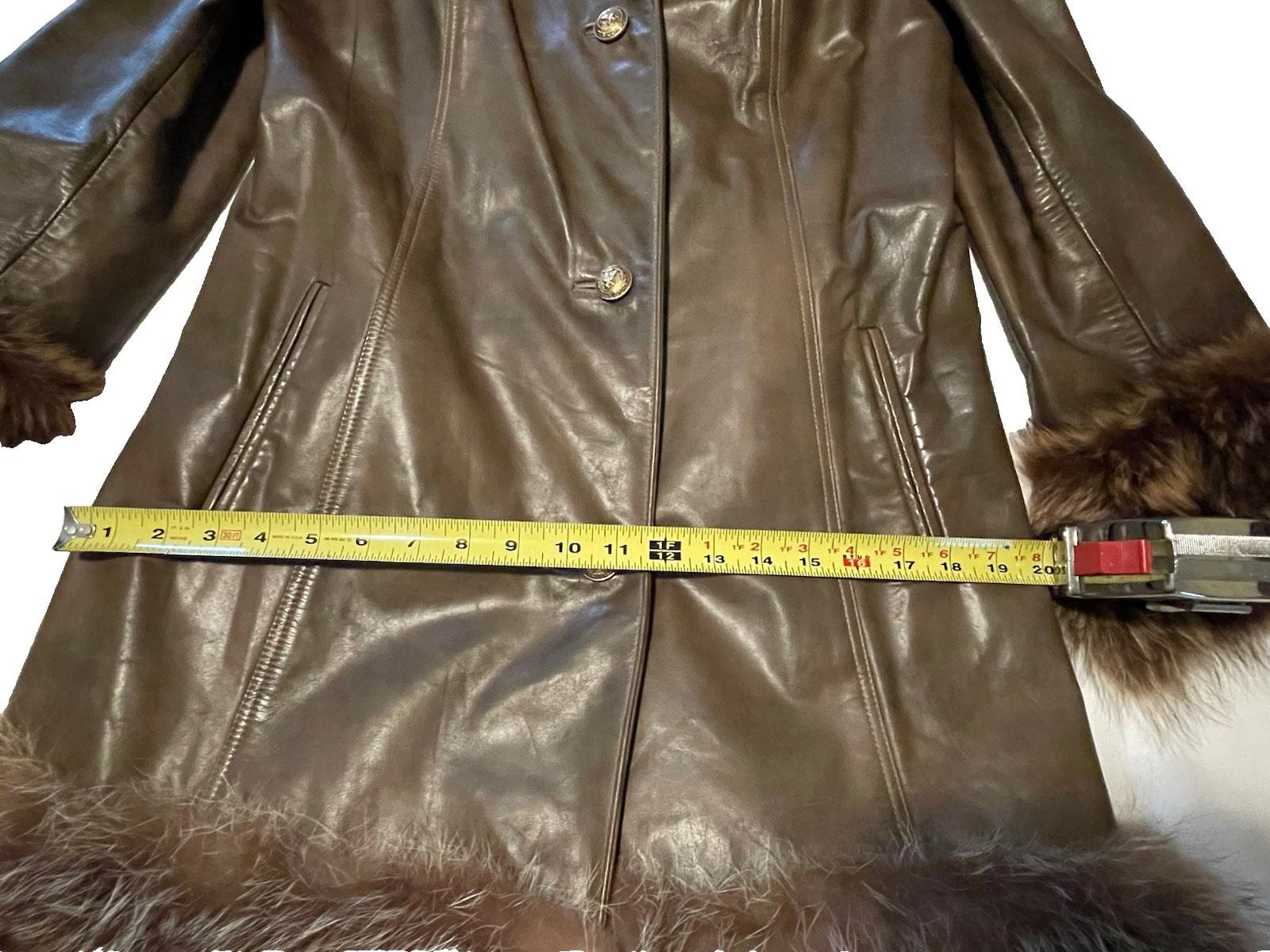 Vintage Brown Leather & Genuine Fur Swing Trench Coat Boho Bonnie Cashin Style