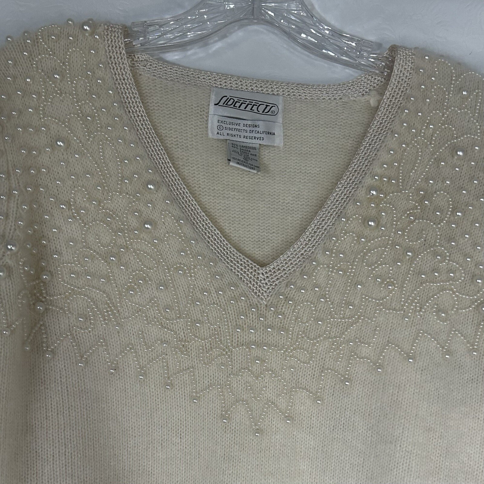Vintage 80s Side Effects Beaded Ivory Wool Angora Rabbit Hair Sweater Sz M